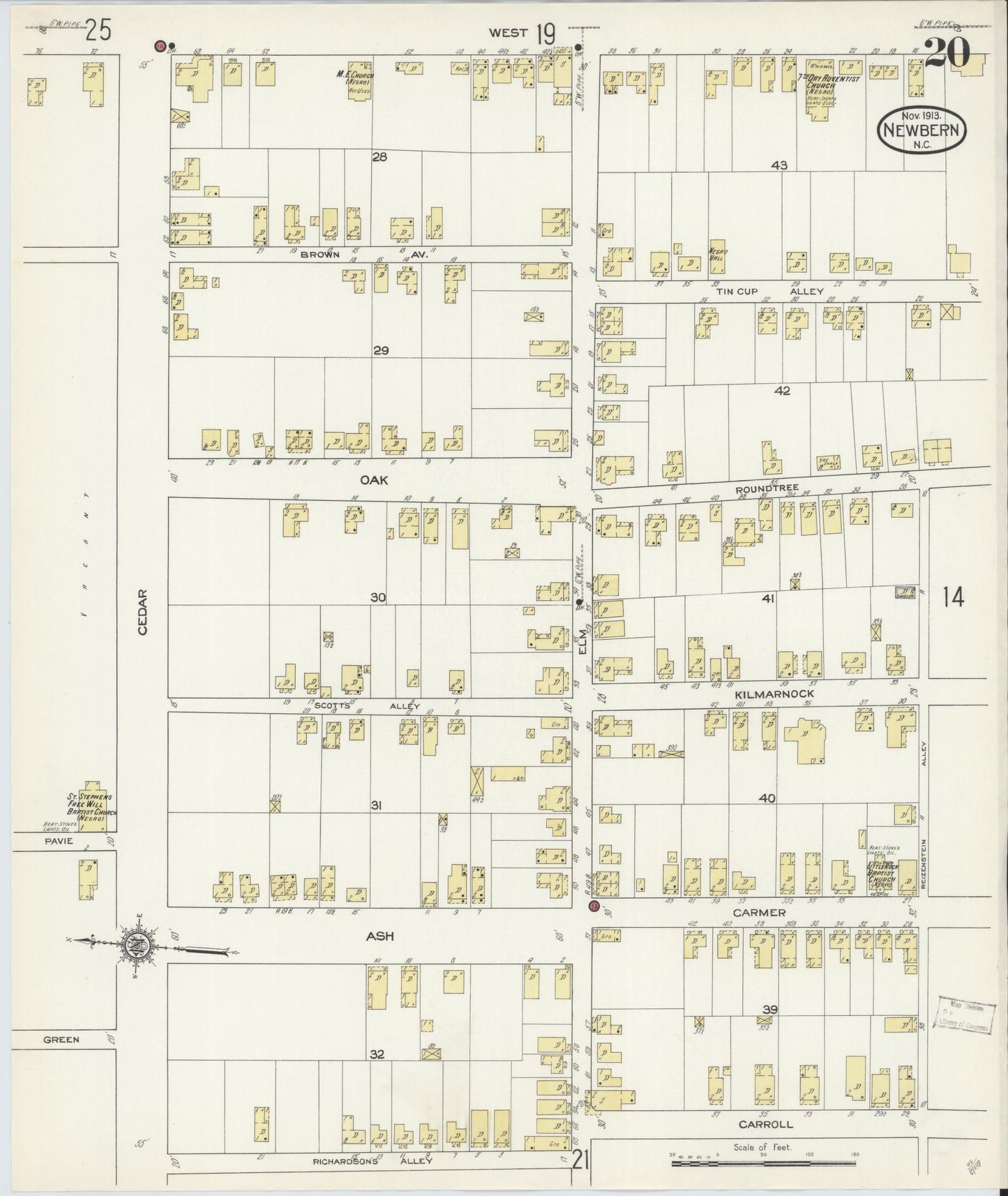 Sanborn Fire Insurance Map from New Bern, Craven County, North Carolina (1913), Sheet #0020 - Historic Sanborn Fire Insurance Map Print, vintage old map wall art, antique decor, genealogy gift, North Carolina North Carolina map