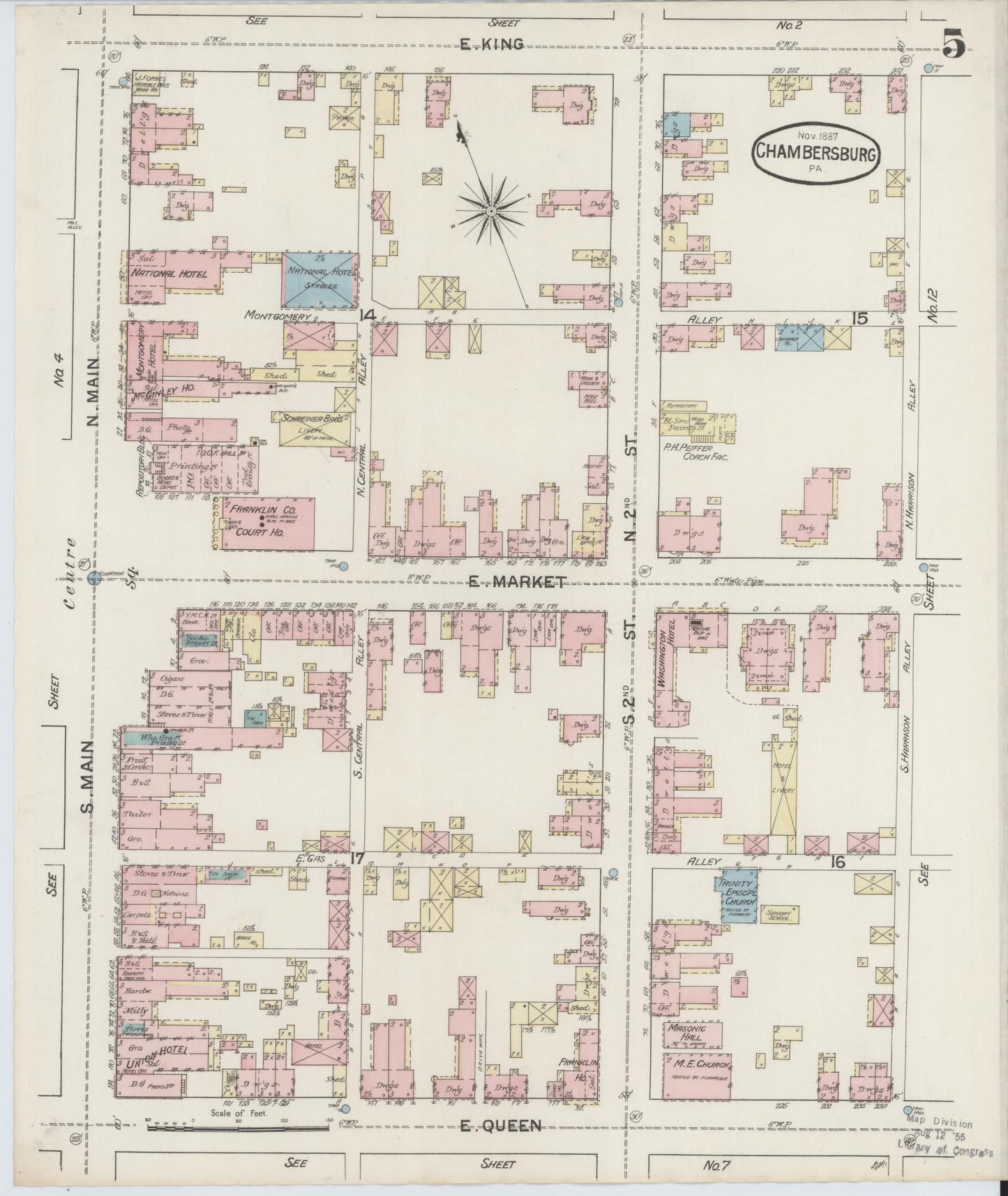 Sanborn Fire Insurance Map from Chambersburg, Franklin County, Pennsylvania (1887), Sheet #0005 - Historic Sanborn Fire Insurance Map Print, vintage old map wall art, antique decor, genealogy gift, Pennsylvania Pennsylvania map