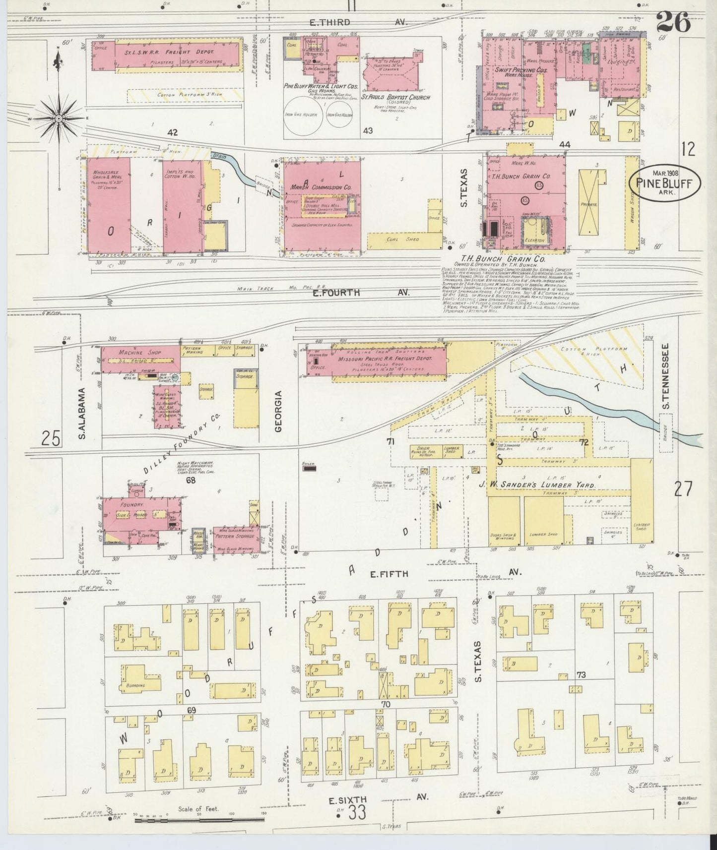 Sanborn Fire Insurance Map from Pine Bluff, Jefferson County, Arkansas (1908), Sheet #0026 - Historic Sanborn Fire Insurance Map Print, vintage old map wall art, antique decor, genealogy gift, Arkansas Arkansas map
