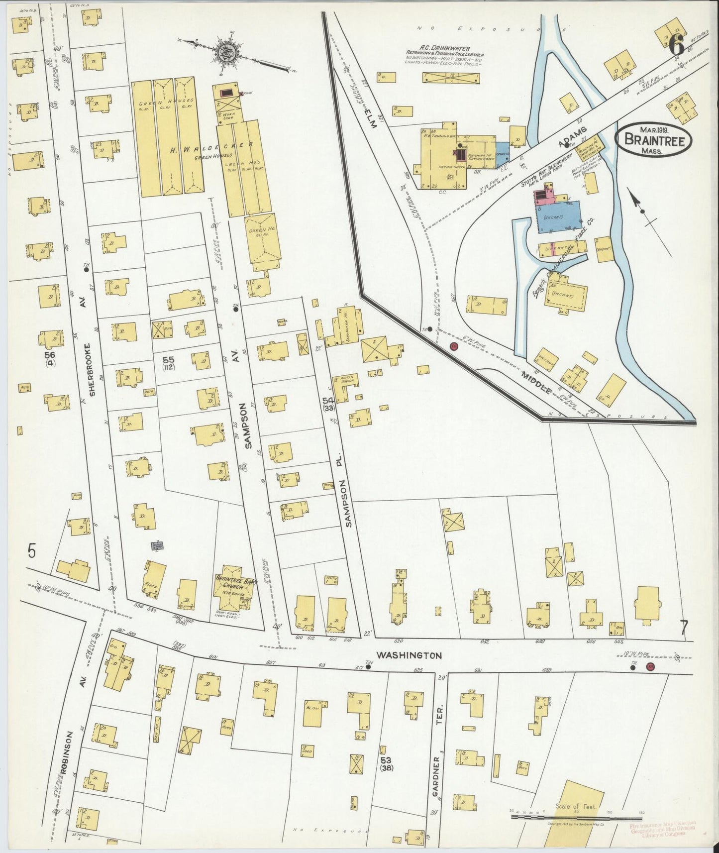 Sanborn Fire Insurance Map from Braintree, Norfolk County, Massachusetts (1919), Sheet #0006 - Historic Sanborn Fire Insurance Map Print, vintage old map wall art, antique decor, genealogy gift, Massachusetts Massachusetts map