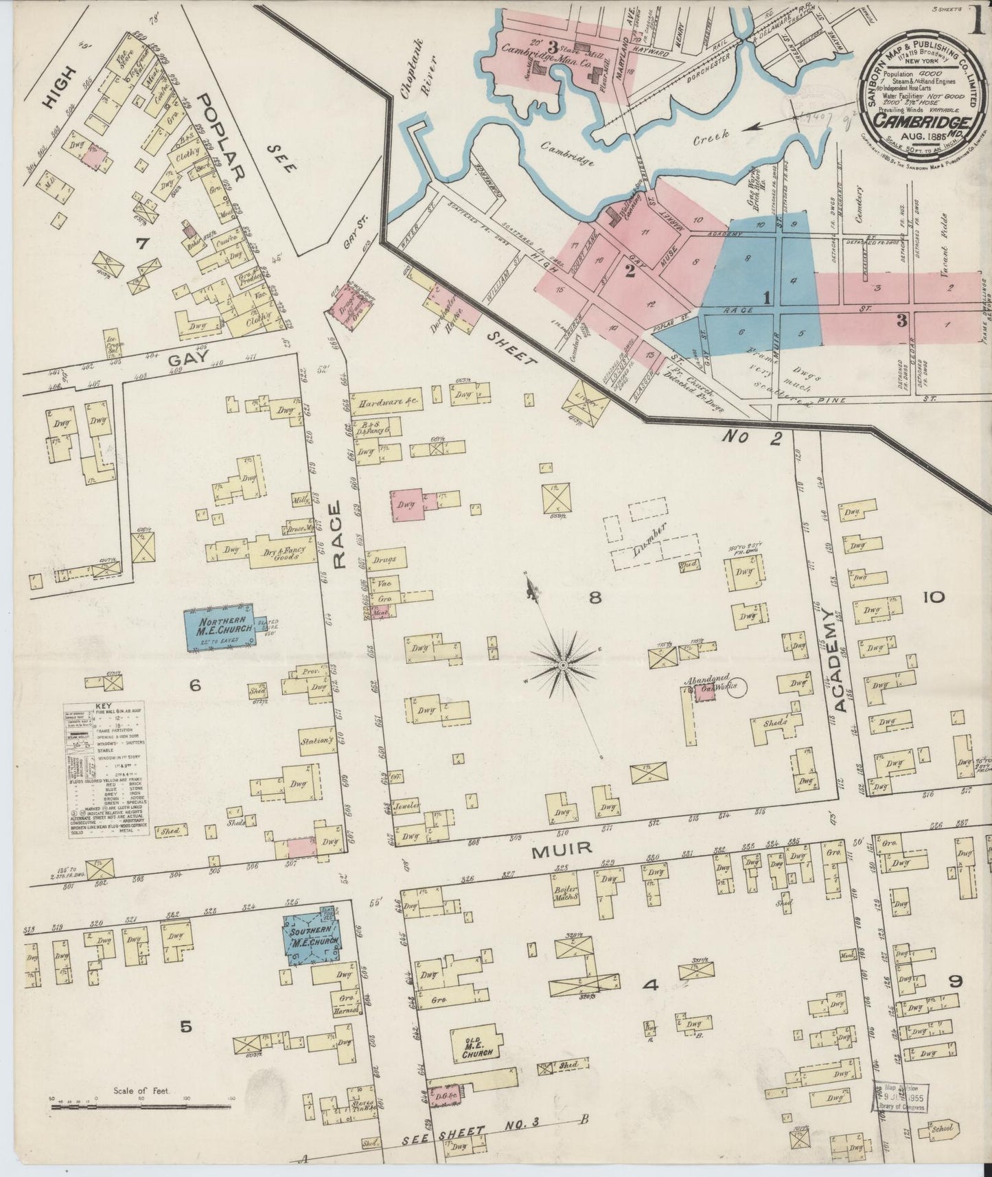 Sanborn Fire Insurance Map from Cambridge, Dorchester County, Maryland (1885), Sheet #0001 - Historic Sanborn Fire Insurance Map Print, vintage old map wall art, antique decor, genealogy gift, Maryland Maryland map
