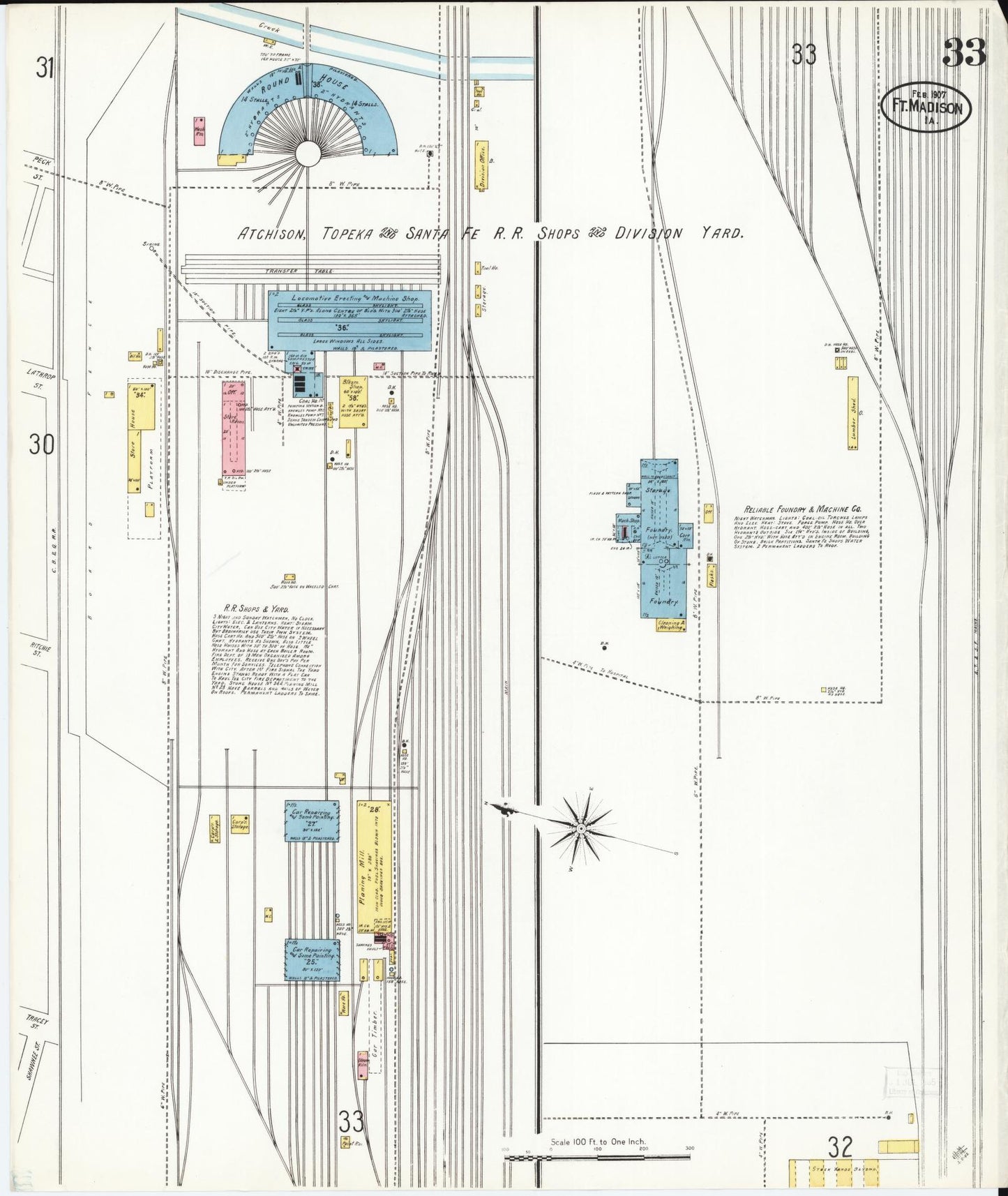 Sanborn Fire Insurance Map from Fort Madison, Lee County, Iowa (1907), Sheet #0033 - Historic Sanborn Fire Insurance Map Print, vintage old map wall art
