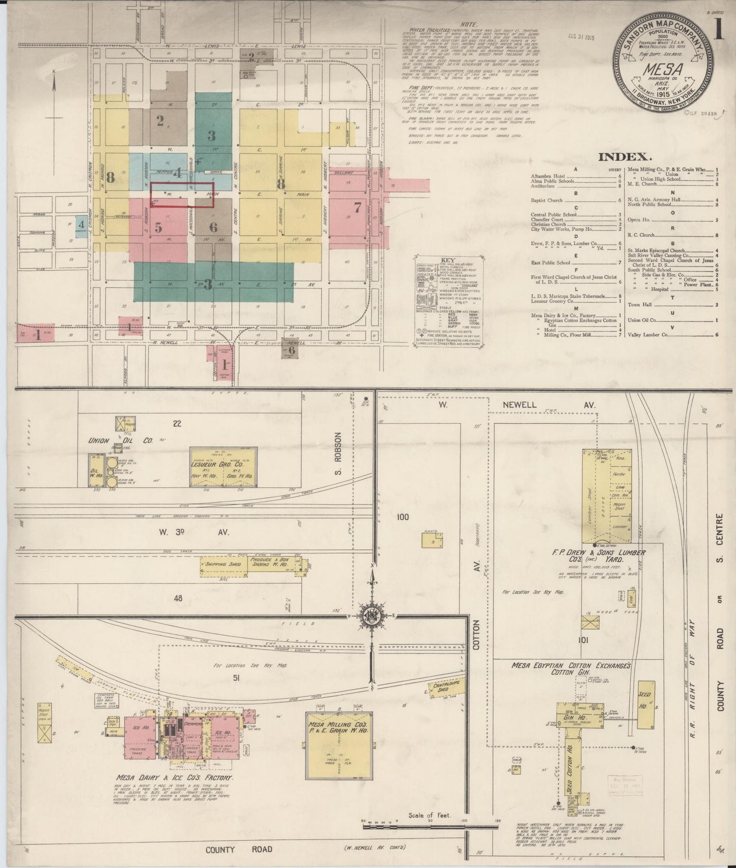 Sanborn Fire Insurance Map from Mesa, Maricopa County, Arizona (1915), Sheet #0001 - Historic Sanborn Fire Insurance Map Print, vintage old map wall art, antique decor, genealogy gift, Arizona Arizona map