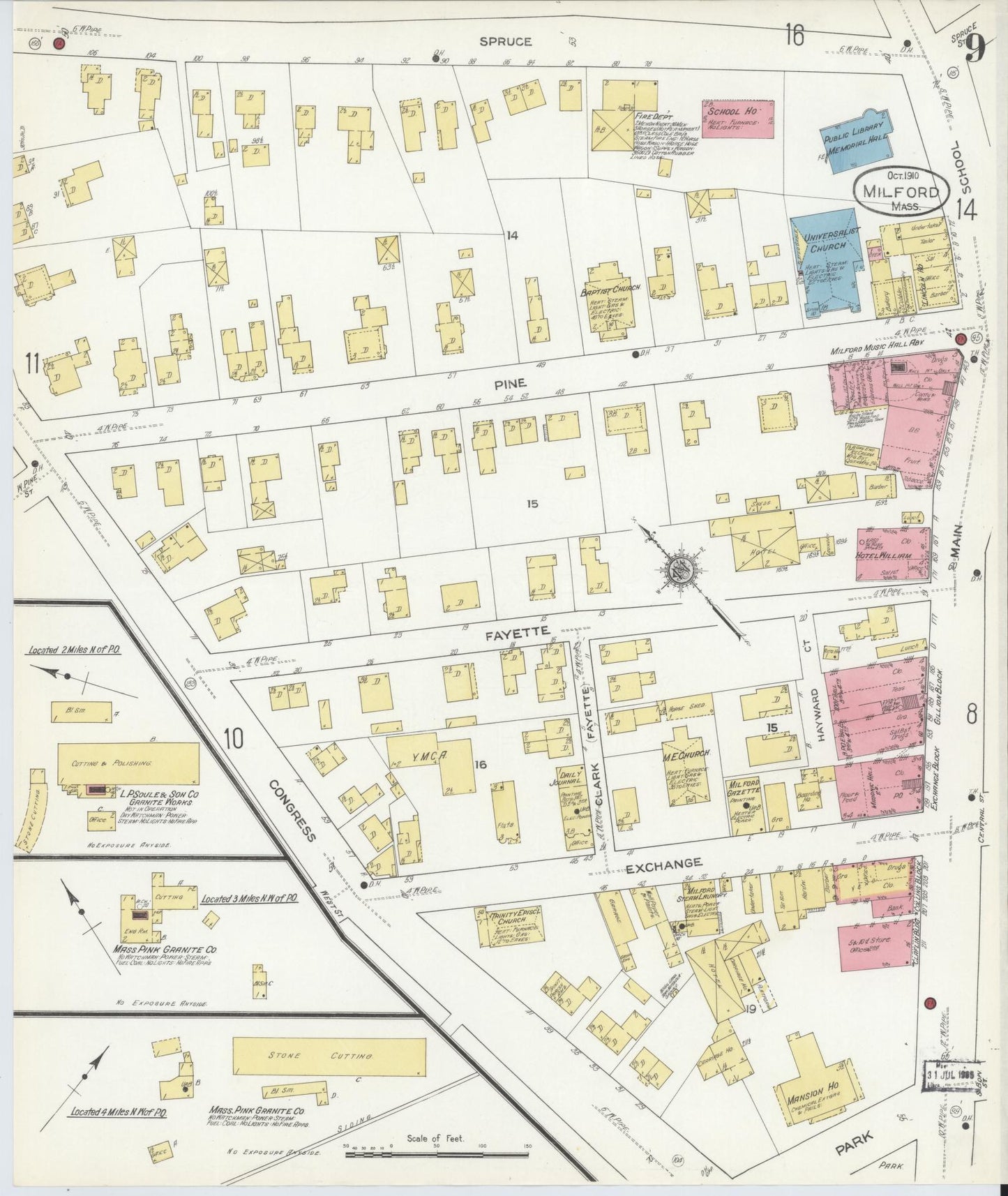 Sanborn Fire Insurance Map from Milford, Worcester County, Massachusetts (1910), Sheet #0009 - Historic Sanborn Fire Insurance Map Print, vintage old map wall art, antique decor, genealogy gift, Massachusetts Massachusetts map