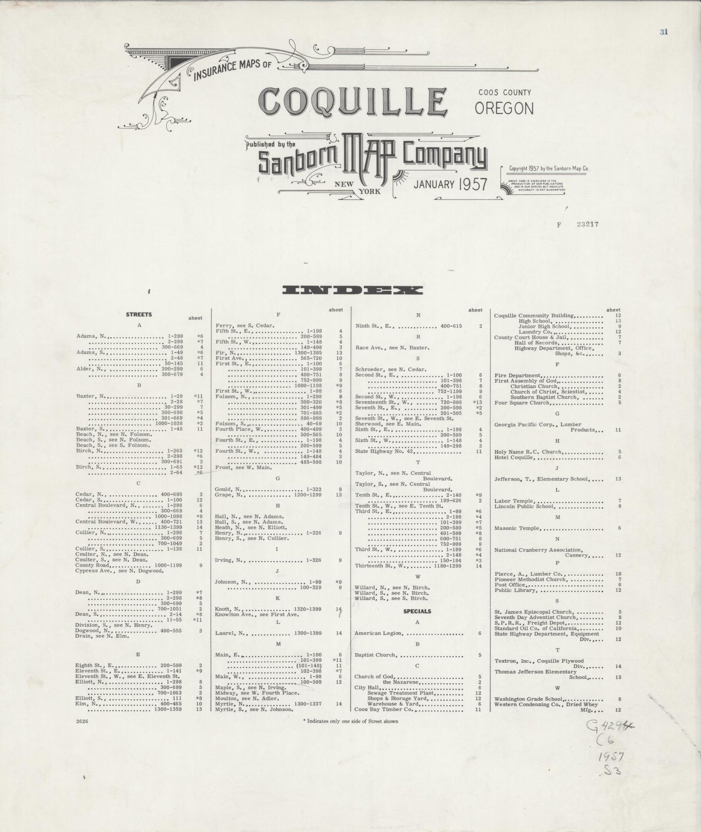 Sanborn Fire Insurance Map from Coquille, Coos County, Oregon. (1957) – Historic Sanborn Fire Insurance Map Print