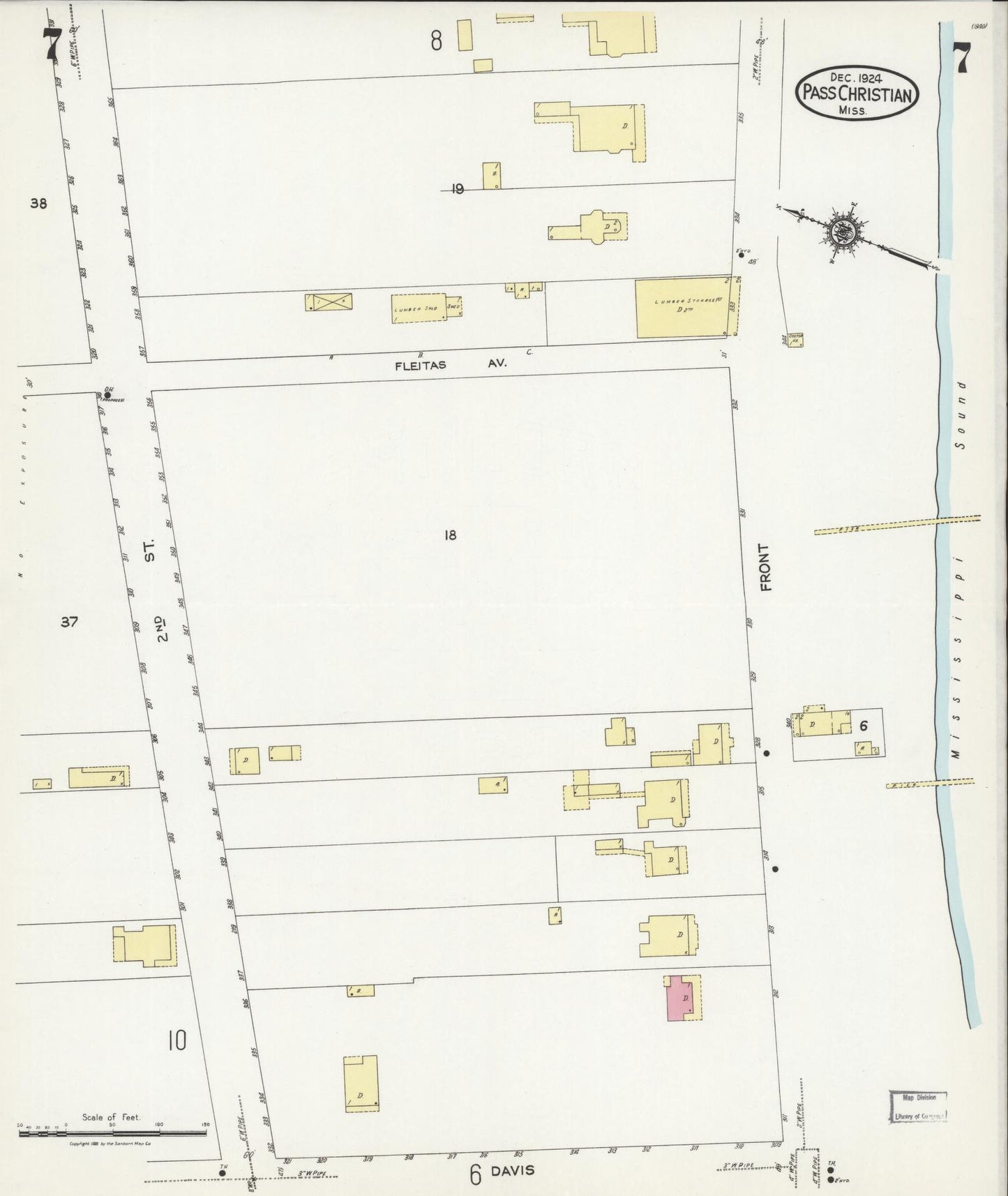 Sanborn Fire Insurance Map from Pass Christian, Harrison County, Mississippi (1924), Sheet #0007 - Historic Sanborn Fire Insurance Map Print, vintage old map wall art, antique decor, genealogy gift, Mississippi Mississippi map