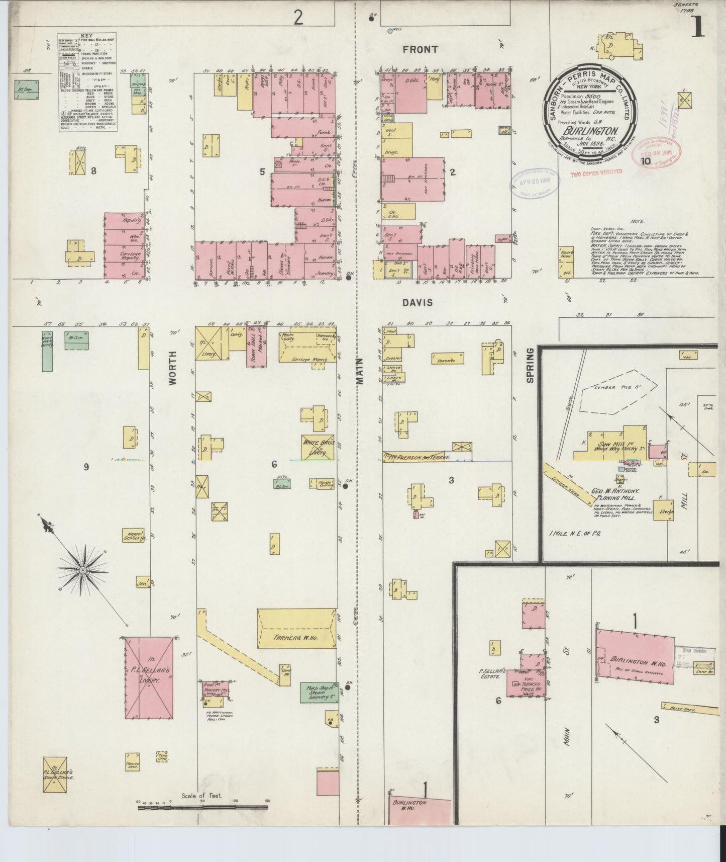 Sanborn Fire Insurance Map from Burlington, Alamance County, North Carolina (1898), Sheet #0001 - Historic Sanborn Fire Insurance Map Print, vintage old map wall art, antique decor, genealogy gift, North Carolina North Carolina map