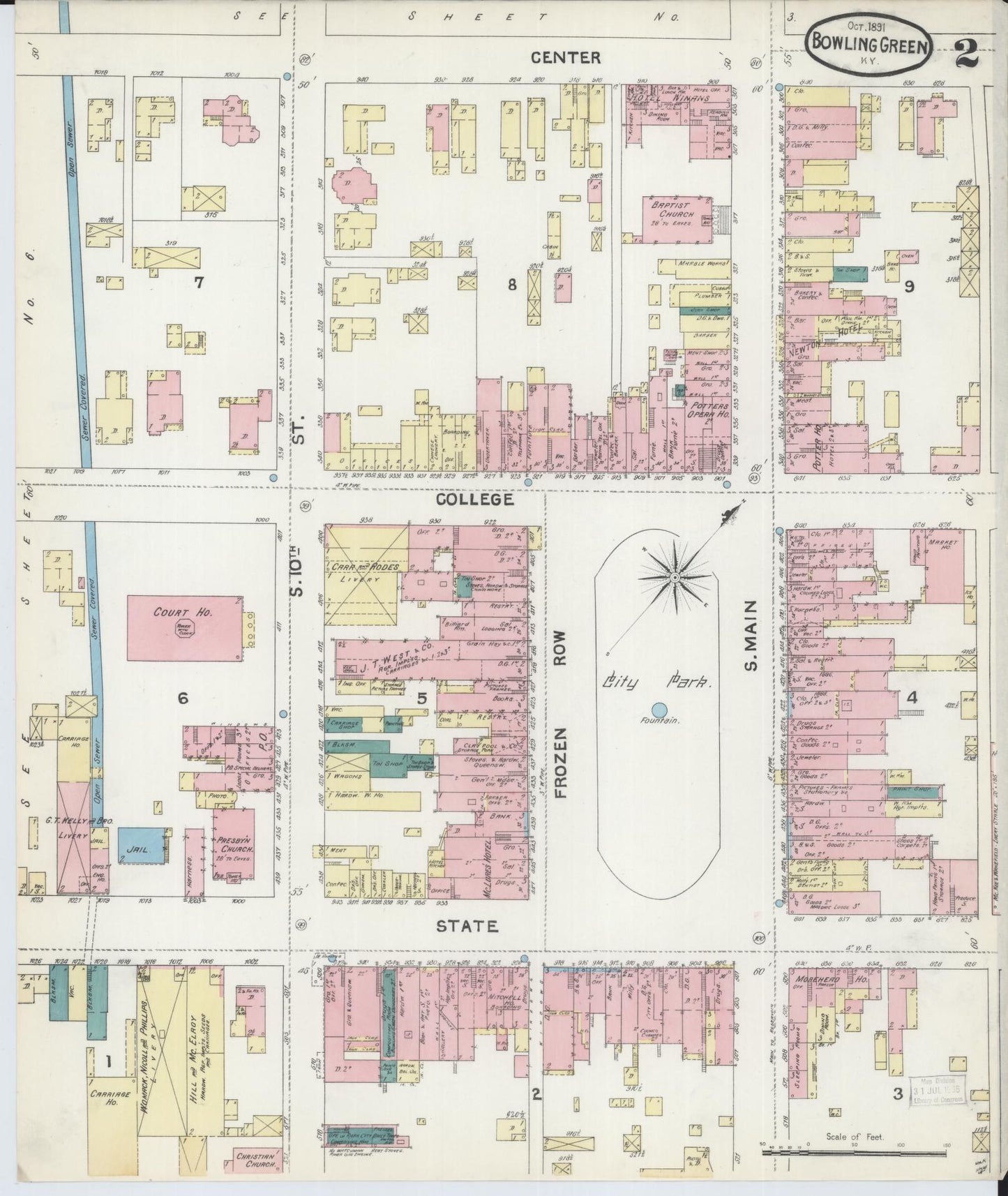 Sanborn Fire Insurance Map from Bowling Green, Warren County, Kentucky (1891), Sheet #0002 - Historic Sanborn Fire Insurance Map Print, vintage old map wall art, antique decor, genealogy gift, Kentucky Kentucky map