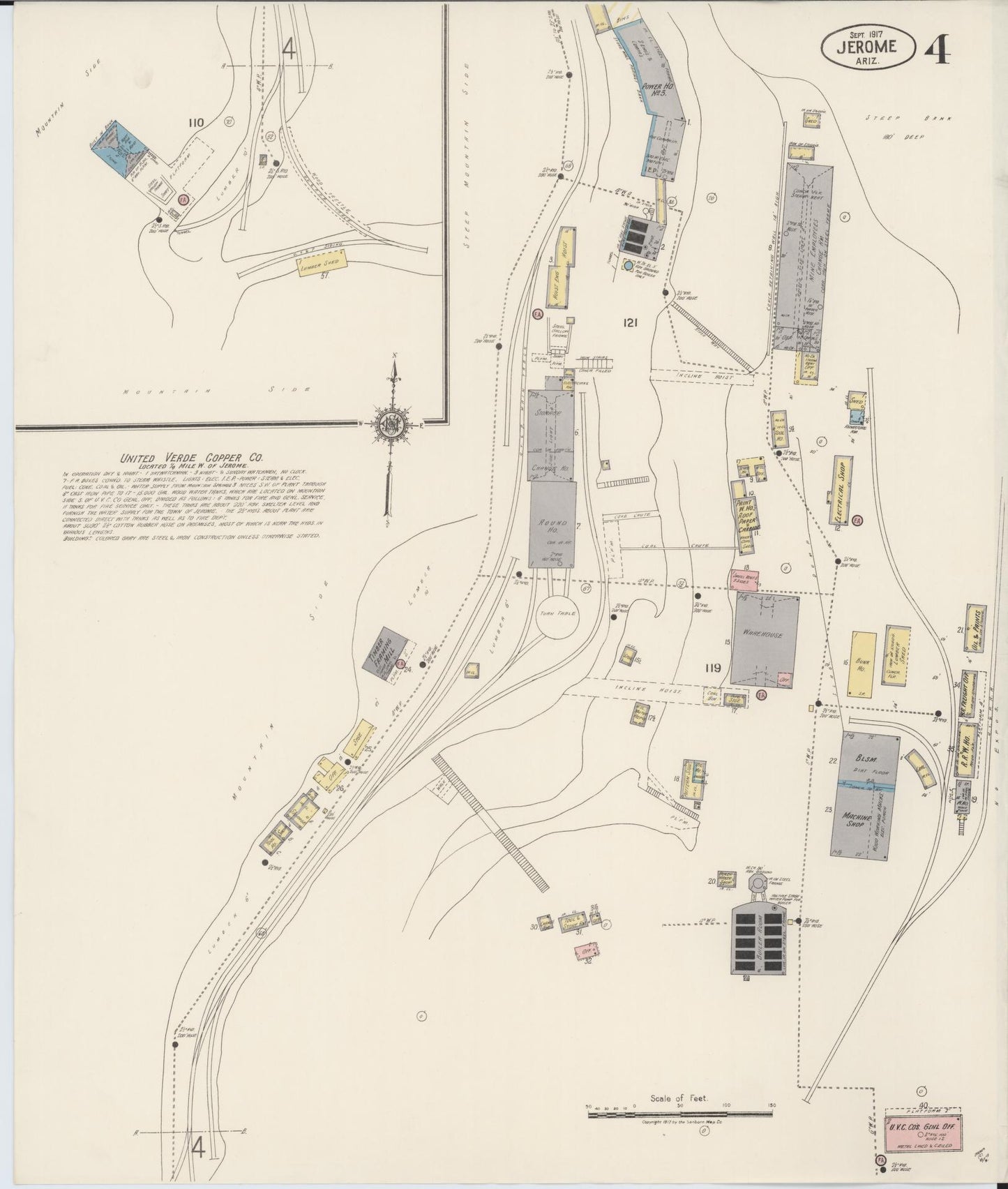 Sanborn Fire Insurance Map from Jerome, Yavapai County, Arizona (1917), Sheet #0004 - Complete Map Set gallery image, historic Sanborn map, vintage wall art, Arizona Arizona