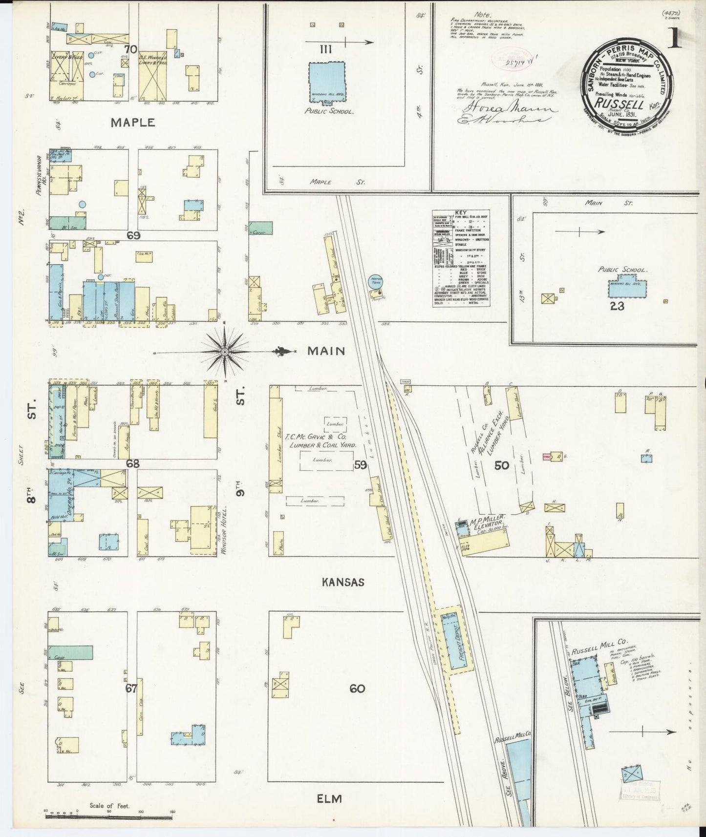 Sanborn Fire Insurance Map from Russell, Russell County, Kansas (1891), Sheet #0001 - Historic Sanborn Fire Insurance Map Print, vintage old map wall art, antique decor, genealogy gift, Kansas Kansas map