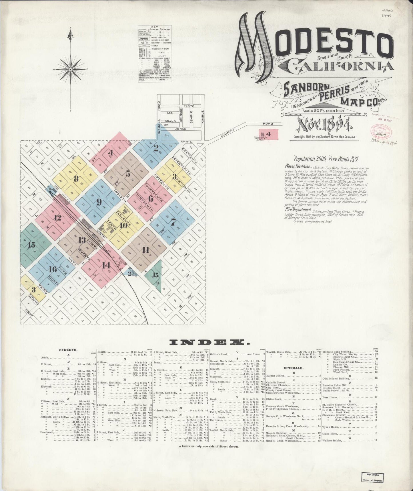 Sanborn Fire Insurance Map from Modesto, Stanislaus County, California (1894), Sheet #0001 - Historic Sanborn Fire Insurance Map Print, vintage old map wall art, antique decor, genealogy gift, California California map