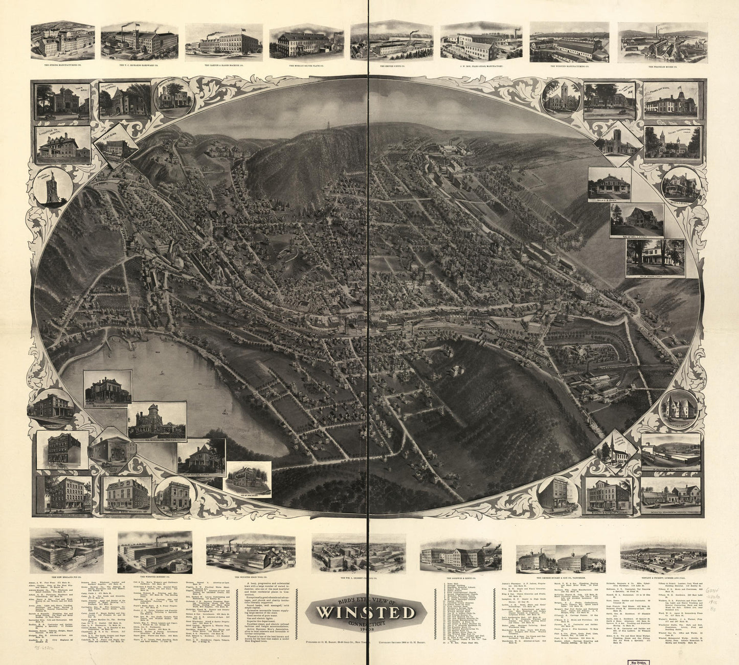 Bird's eye view of Winsted, Connecticut 1908. (1908) – Historic Bird’s-Eye View Panorama Print