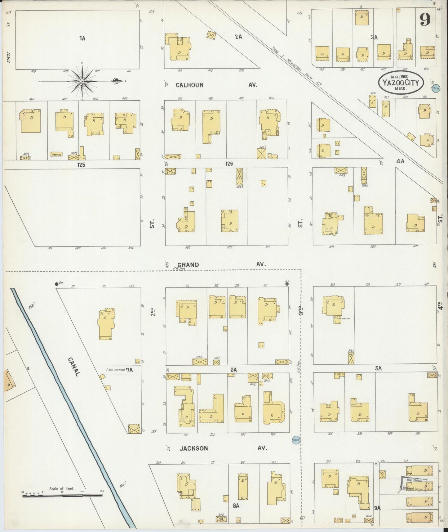 Sanborn Fire Insurance Map from Yazoo City, Yazoo County, Mississippi (1900), Sheet #0009 - Historic Sanborn Fire Insurance Map Print, vintage old map wall art, antique decor, genealogy gift, Mississippi Mississippi map