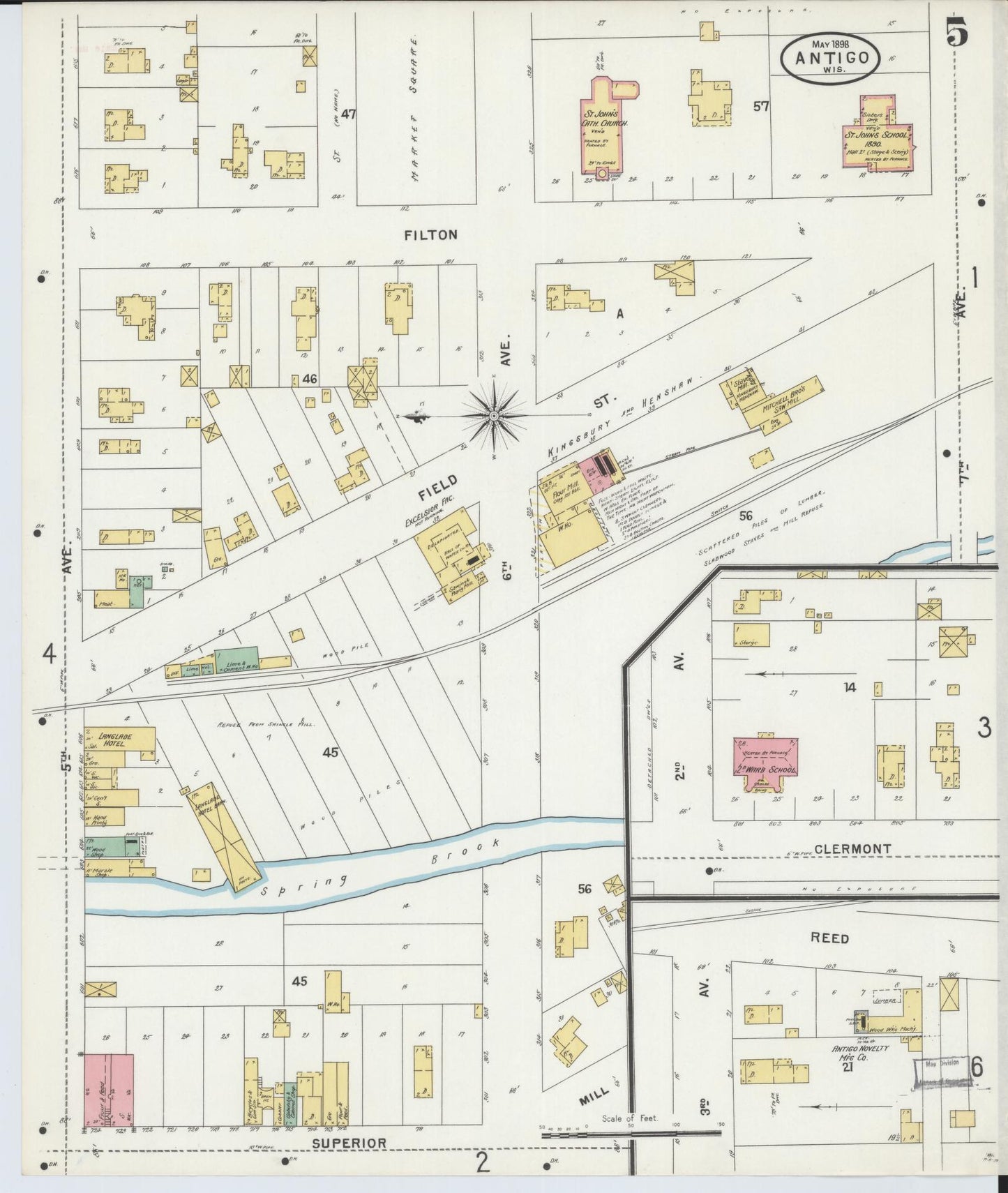 Sanborn Fire Insurance Map from Antigo, Langlade County, Wisconsin (1898), Sheet #0005 - Historic Sanborn Fire Insurance Map Print, vintage old map wall art, antique decor, genealogy gift, Wisconsin Wisconsin map