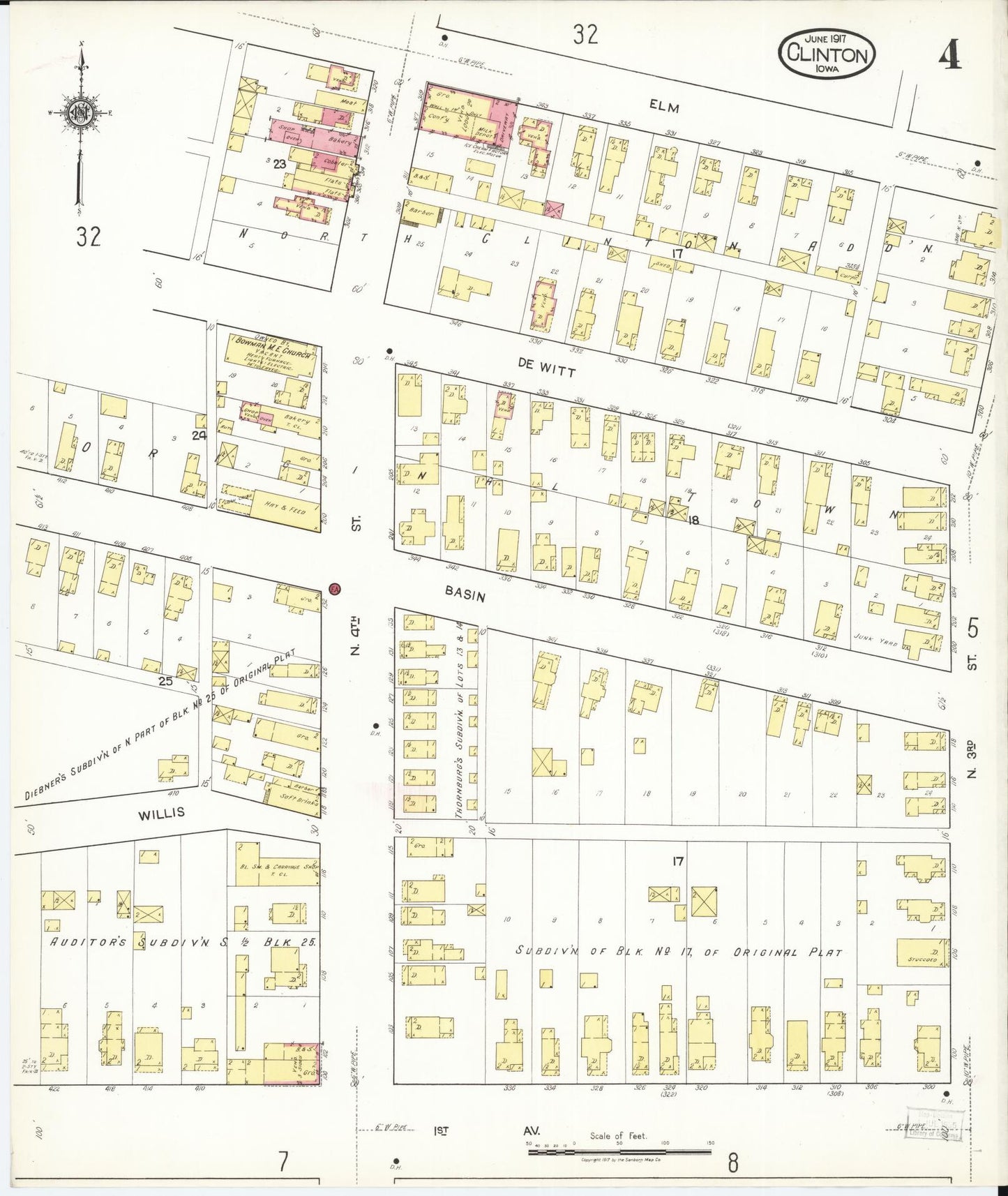Sanborn Fire Insurance Map from Clinton, Clinton County, Iowa (1917), Sheet #0004 - Historic Sanborn Fire Insurance Map Print, vintage old map wall art
