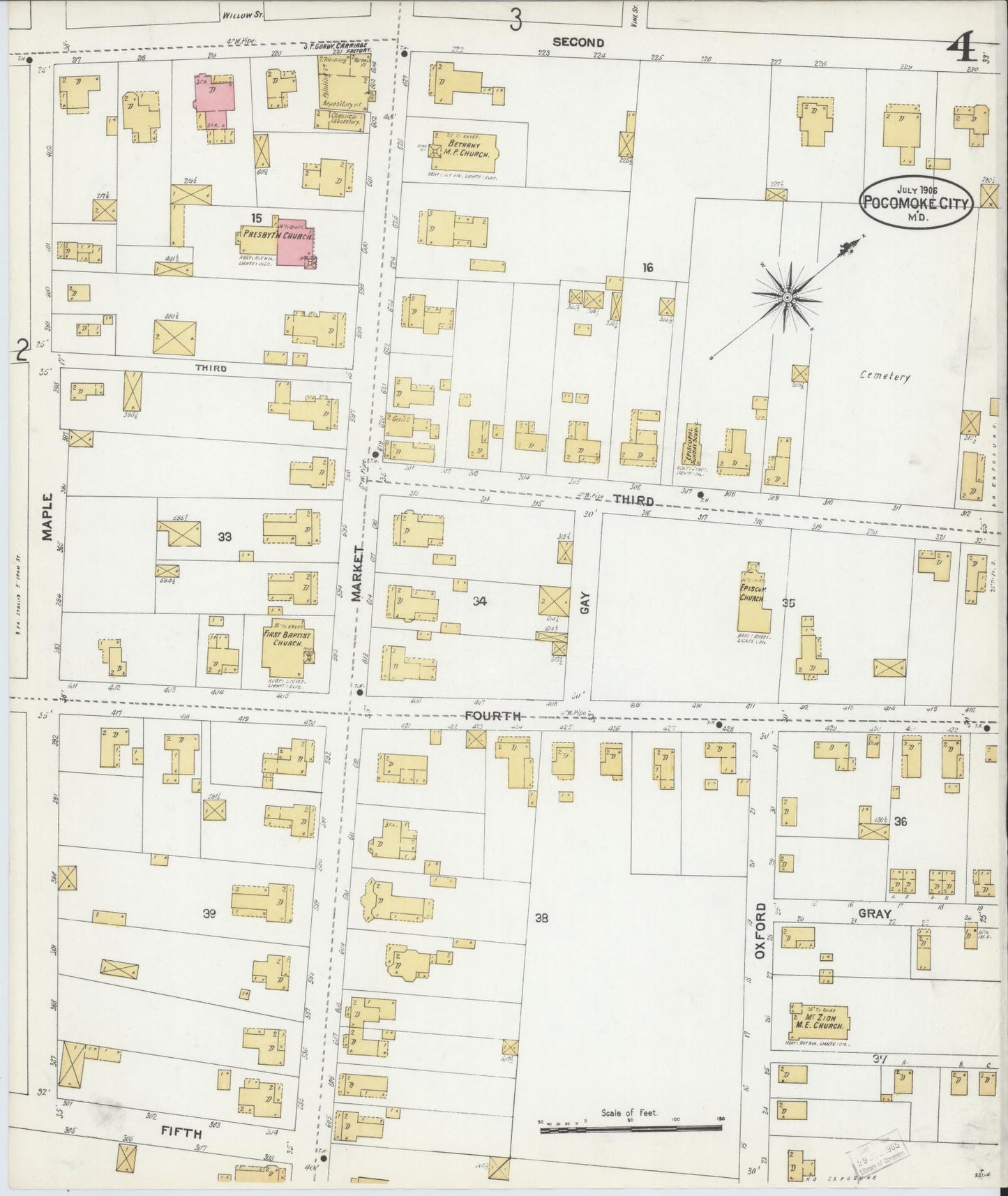 Sanborn Fire Insurance Map from Pocomoke City, Worcester County, Maryland (1906), Sheet #0004 - Complete Map Set gallery image, historic Sanborn map, vintage wall art, Maryland Maryland
