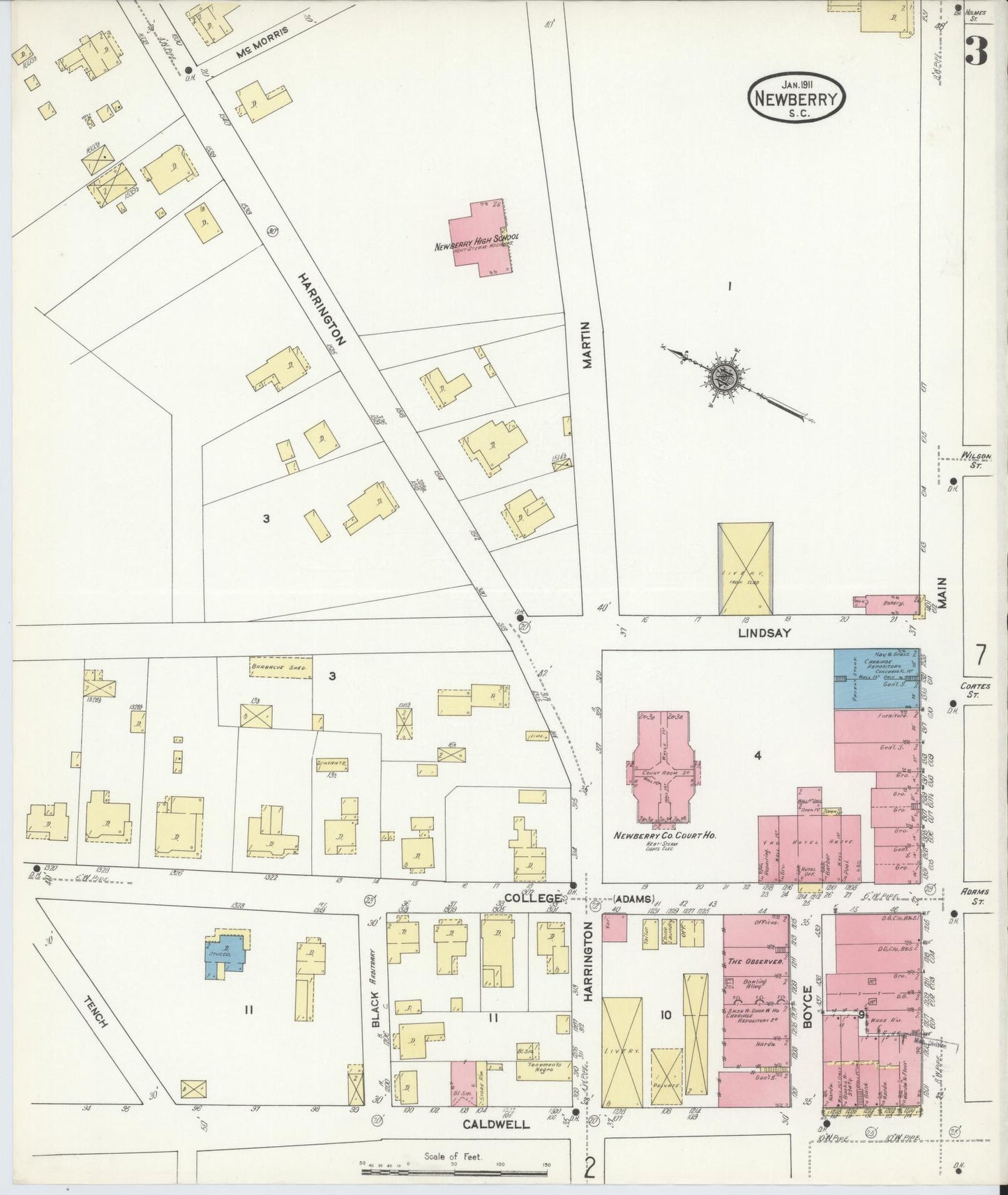 Sanborn Fire Insurance Map from Newberry, Newberry County, South Carolina (1911), Sheet #0003 - Historic Sanborn Fire Insurance Map Print, vintage old map wall art, antique decor, genealogy gift, South Carolina South Carolina map