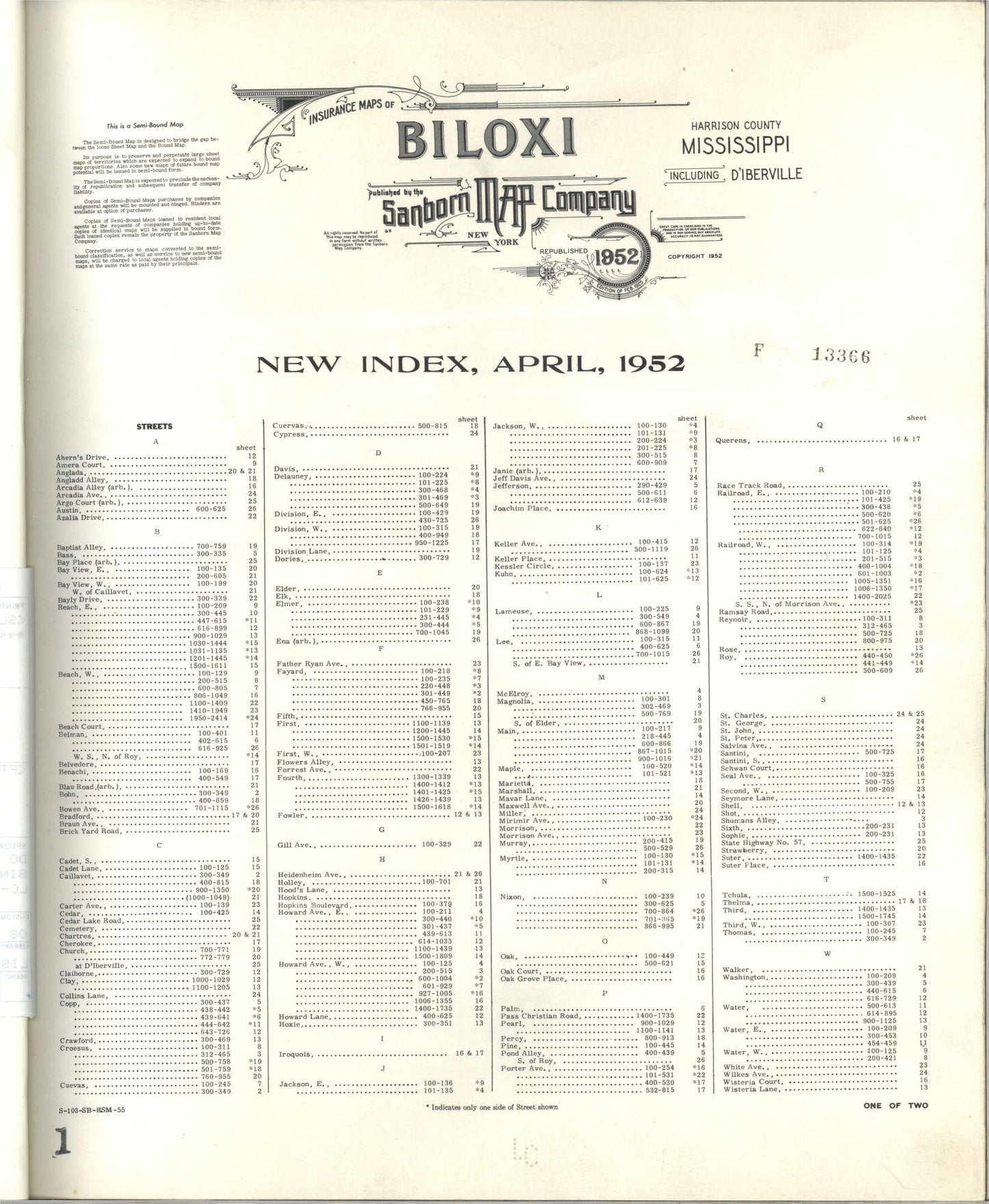 Sanborn Fire Insurance Map from Biloxi, Harrison County, Mississippi (1952), Sheet #0001 - Historic Sanborn Fire Insurance Map Print, vintage old map wall art, antique decor, genealogy gift, Mississippi Mississippi map