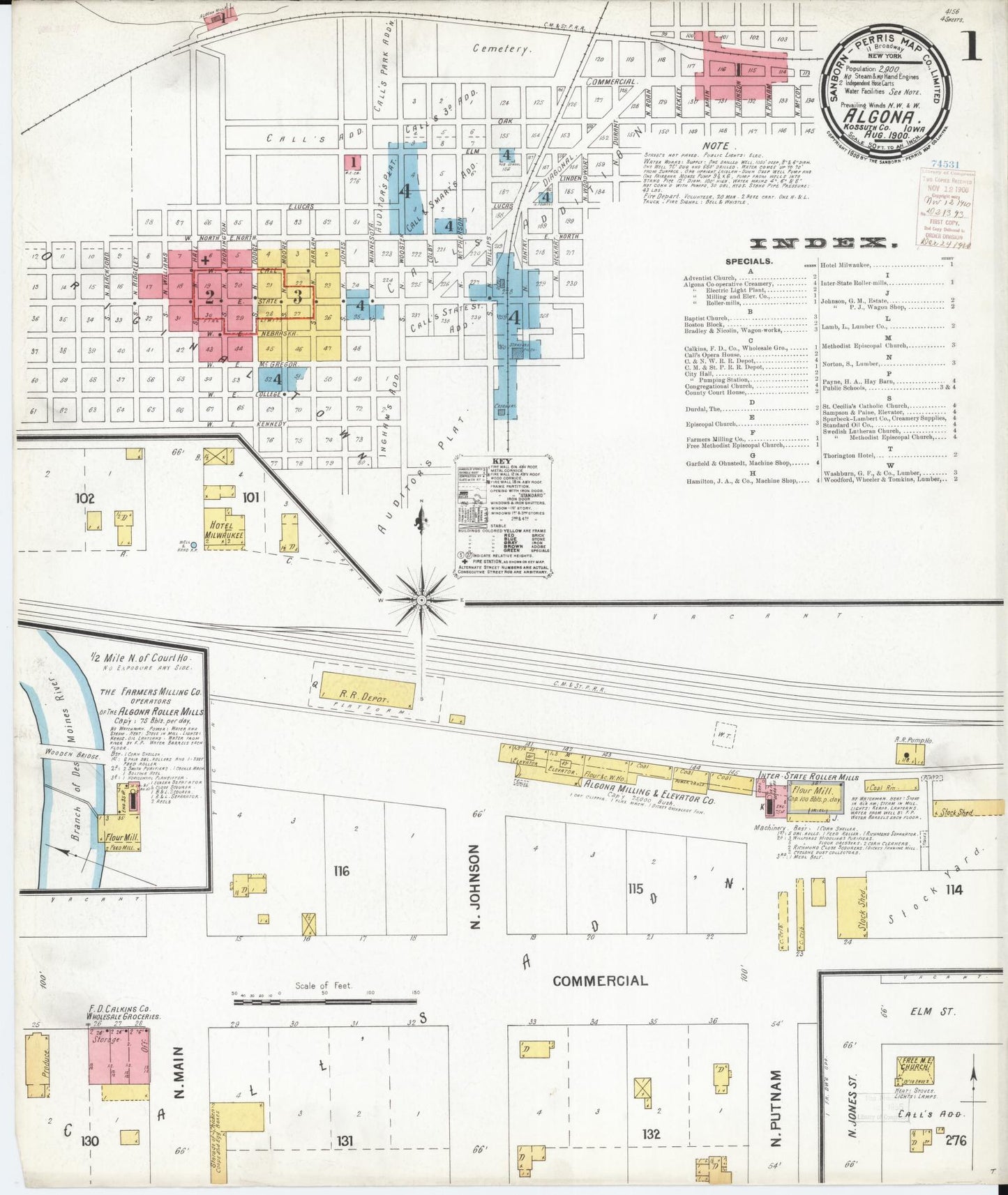 Sanborn Fire Insurance Map from Algona, Kossuth County, Iowa (1900), Sheet #0001 - Historic Sanborn Fire Insurance Map Print, vintage old map wall art