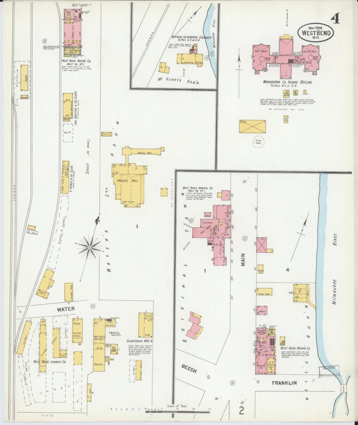 Sanborn Fire Insurance Map from West Bend, Washington County, Wisconsin (1900), Sheet #0004 - Historic Sanborn Fire Insurance Map Print, vintage old map wall art, antique decor, genealogy gift, Wisconsin Wisconsin map