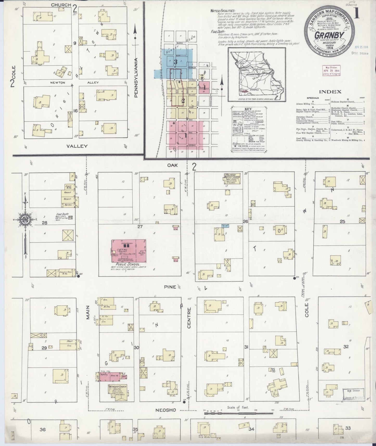 Sanborn Fire Insurance Map from Granby, Newton County, Missouri (1914), Sheet #0001 - Historic Sanborn Fire Insurance Map Print, vintage old map wall art, antique decor, genealogy gift, Missouri Missouri map