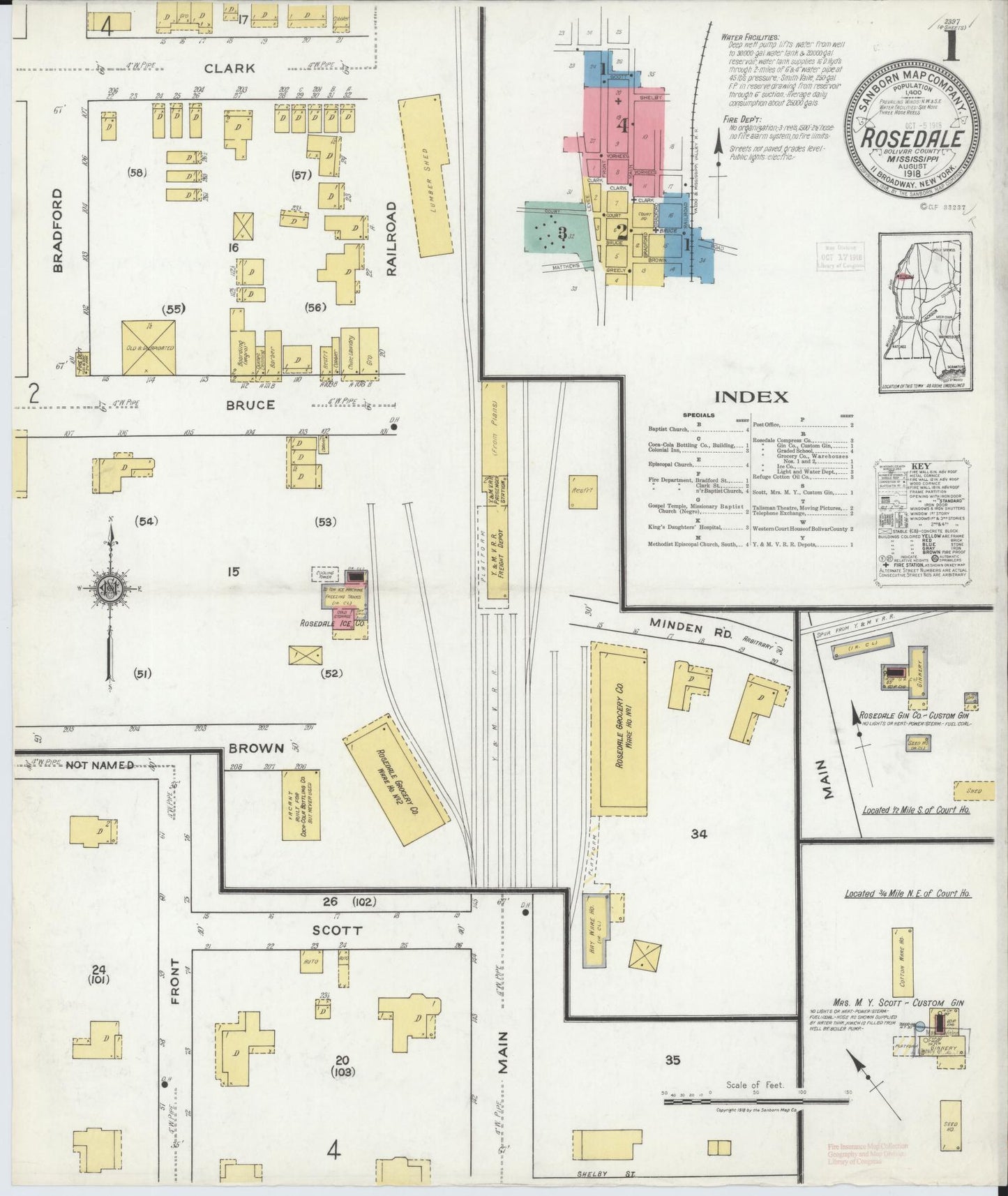 Sanborn Fire Insurance Map from Rosedale, Bolivar County, Mississippi (1918), Sheet #0001 - Historic Sanborn Fire Insurance Map Print, vintage old map wall art, antique decor, genealogy gift, Mississippi Mississippi map