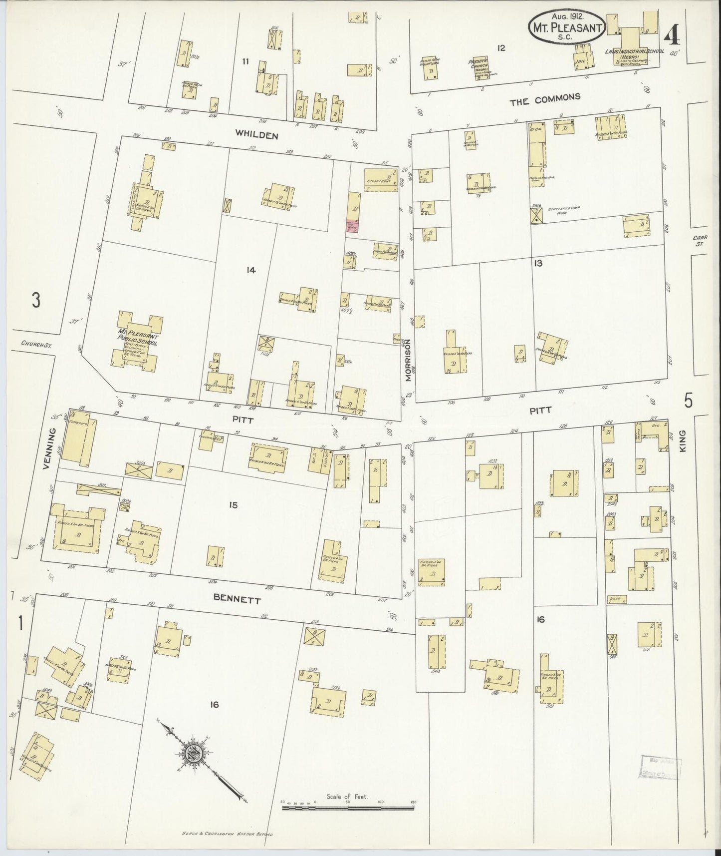 Sanborn Fire Insurance Map from Mount Pleasant, Charleston County, South Carolina (1912), Sheet #0004 - Historic Sanborn Fire Insurance Map Print, vintage old map wall art, antique decor, genealogy gift, South Carolina South Carolina map
