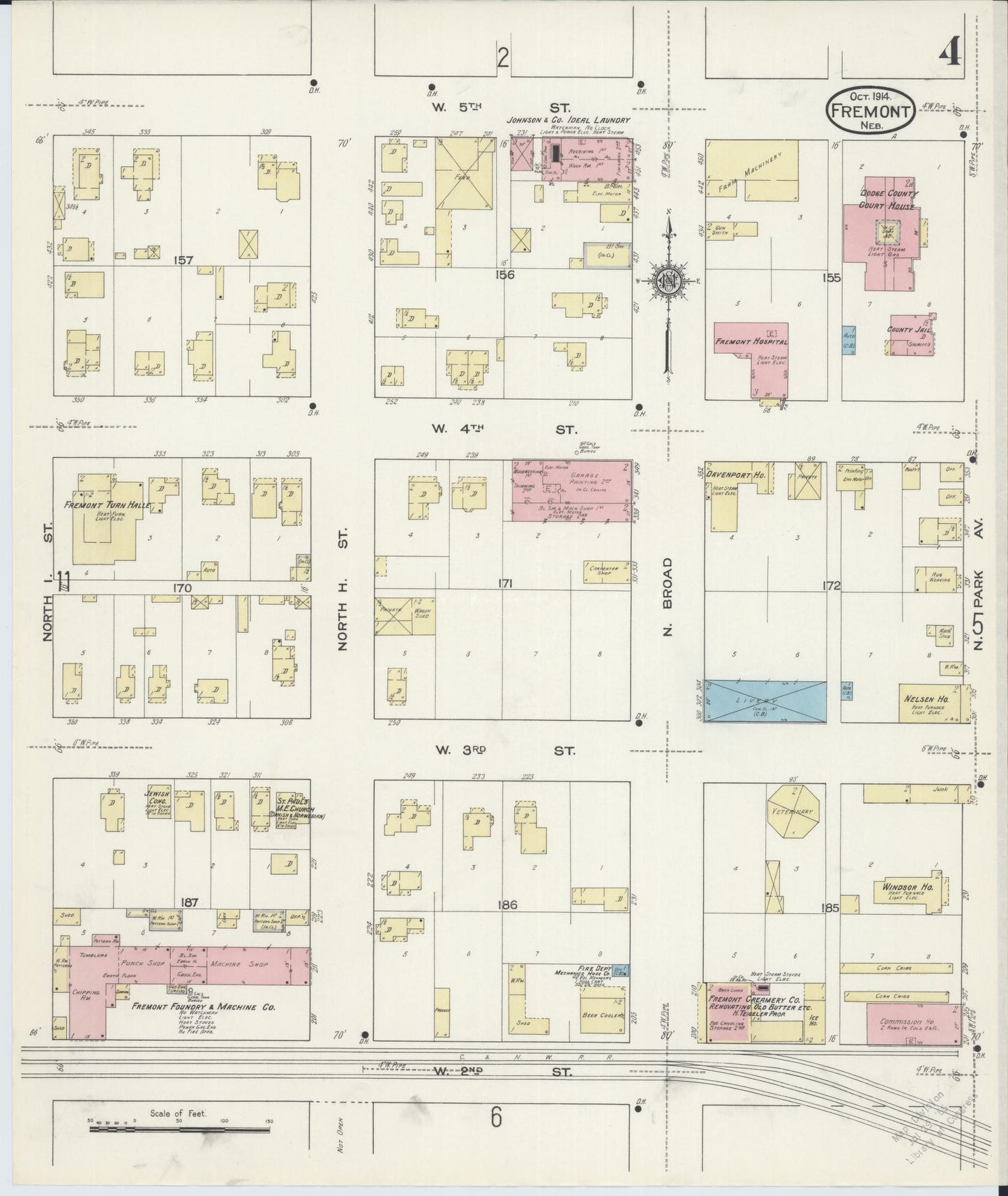 Sanborn Fire Insurance Map from Fremont, Dodge County, Nebraska (1914), Sheet #0004 - Historic Sanborn Fire Insurance Map Print, vintage old map wall art, antique decor, genealogy gift, Nebraska Nebraska map