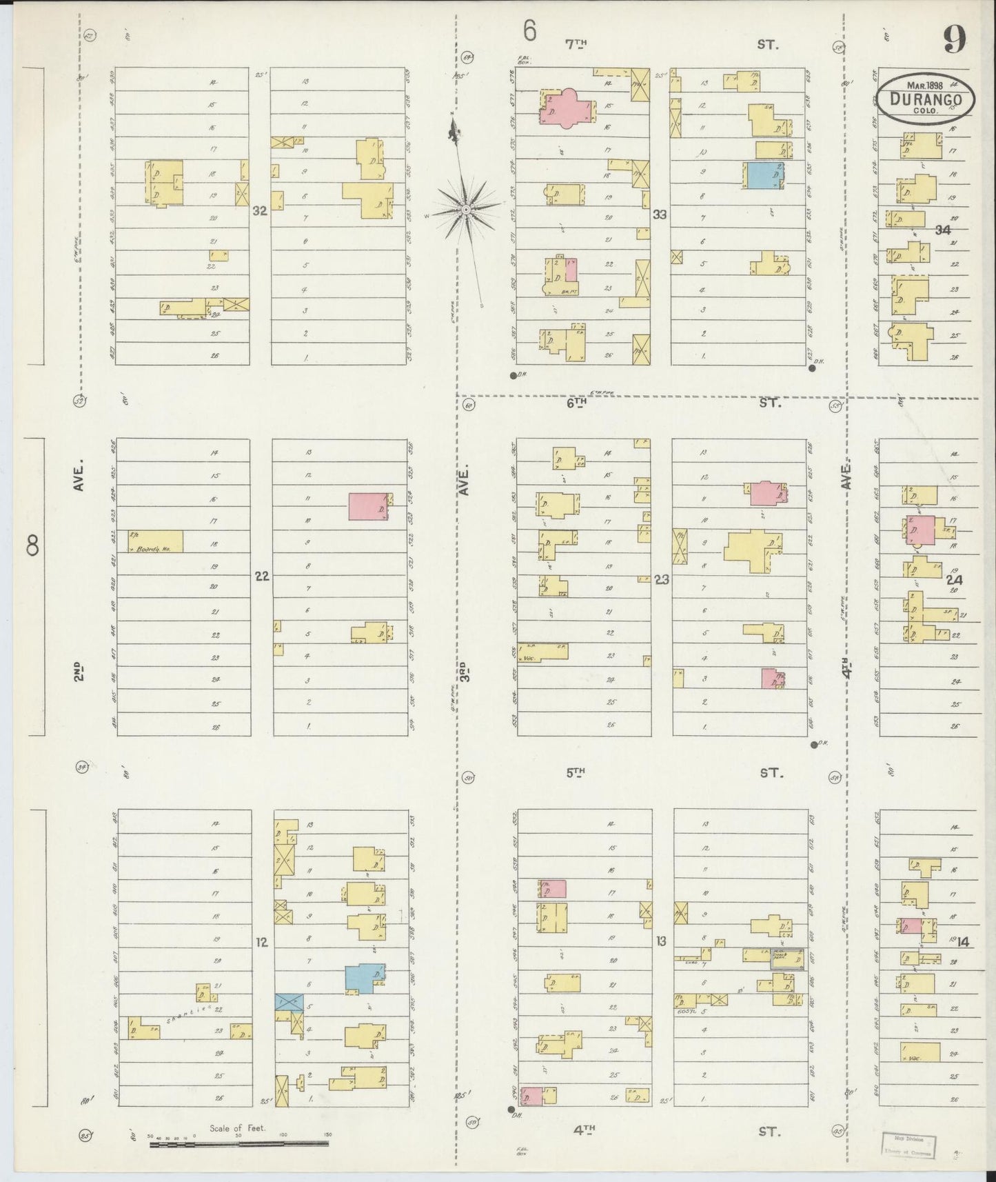 Sanborn Fire Insurance Map from Durango, La Plata County, Colorado (1898), Sheet #0009 - Historic Sanborn Fire Insurance Map Print, vintage old map wall art, antique decor, genealogy gift, Colorado Colorado map