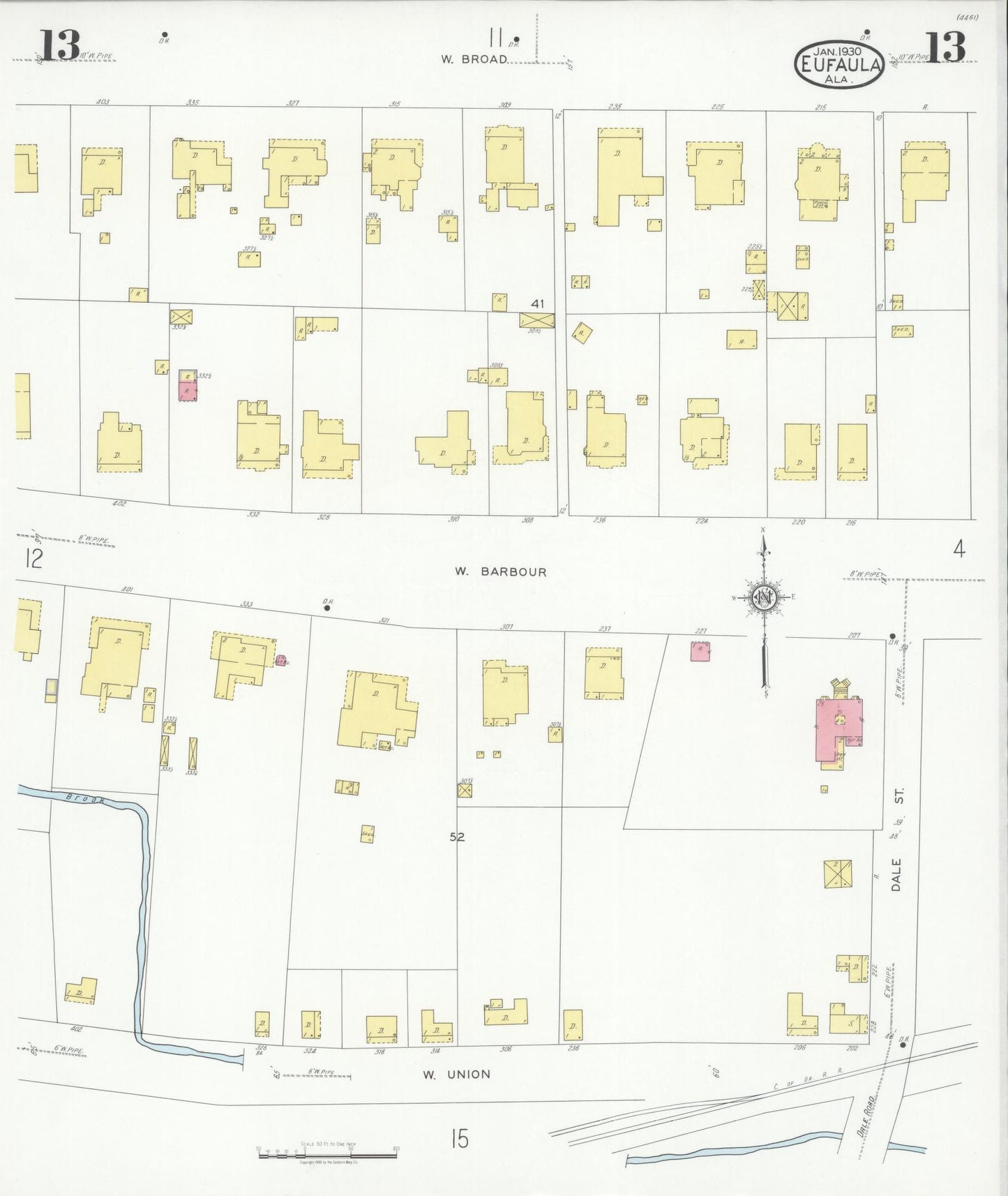 Sanborn Fire Insurance Map from Eufaula, Barbour County, Alabama (1930), Sheet #0013 - Historic Sanborn Fire Insurance Map Print, vintage old map wall art, antique decor, genealogy gift, Alabama Alabama map