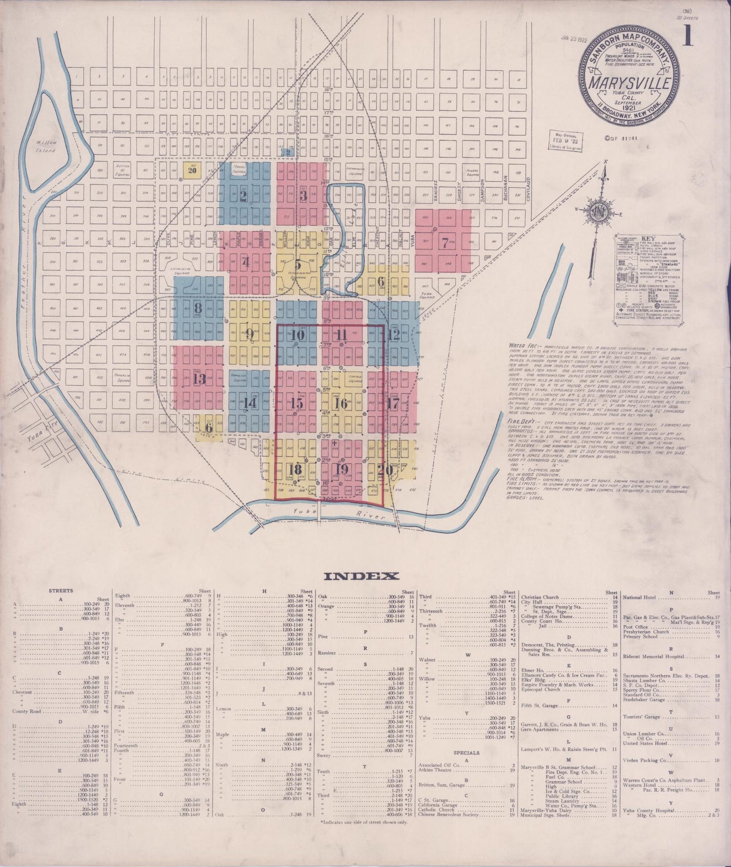 Sanborn Fire Insurance Map from Marysville, Yuba County, California (1921), Sheet #0001 - Historic Sanborn Fire Insurance Map Print, vintage old map wall art, antique decor, genealogy gift, California California map