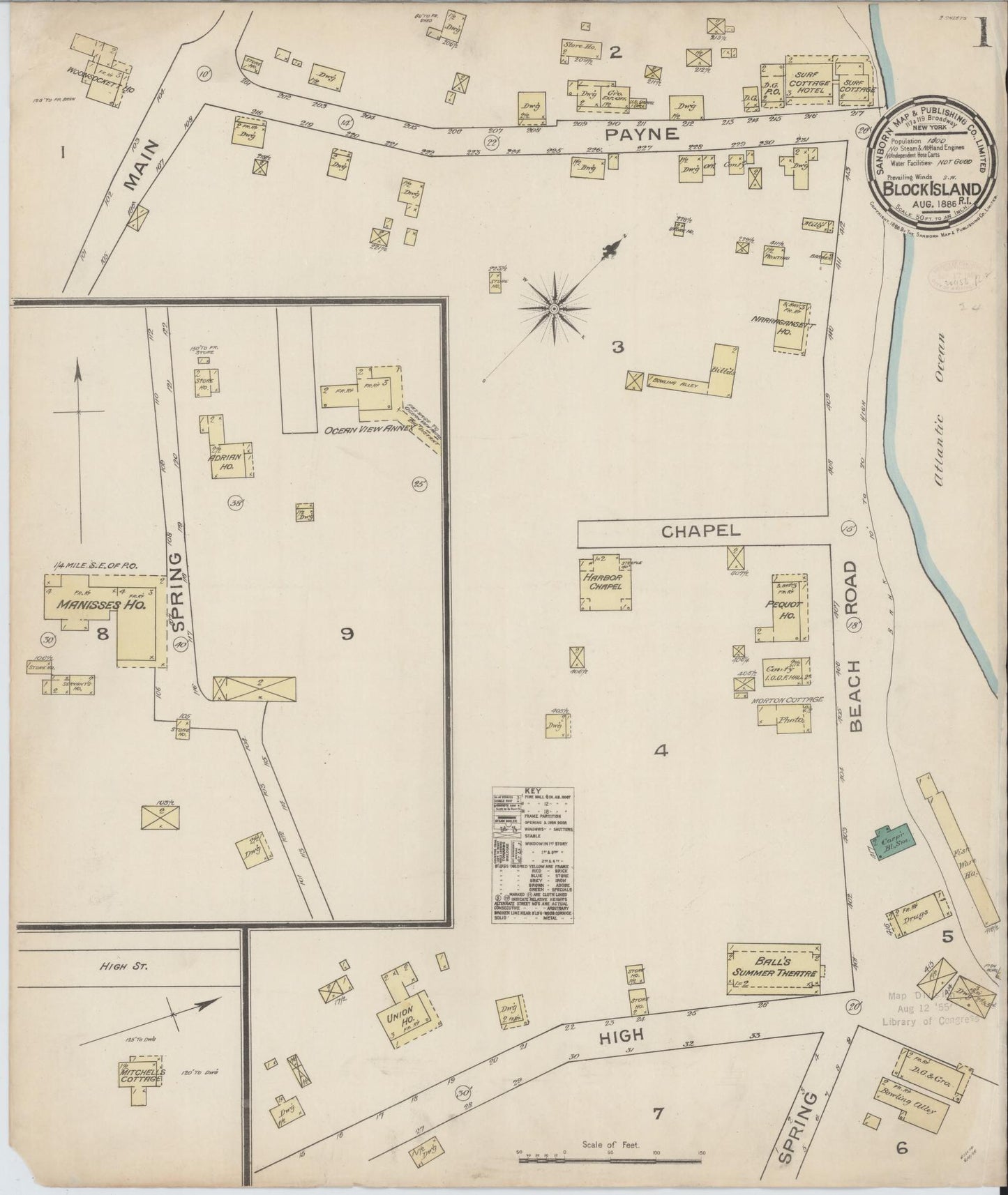 Sanborn Fire Insurance Map from Block Island, Washington County, Rhode Island (1886), Sheet #0001 - Historic Sanborn Fire Insurance Map Print, vintage old map wall art, antique decor, genealogy gift, Rhode Island Rhode Island map