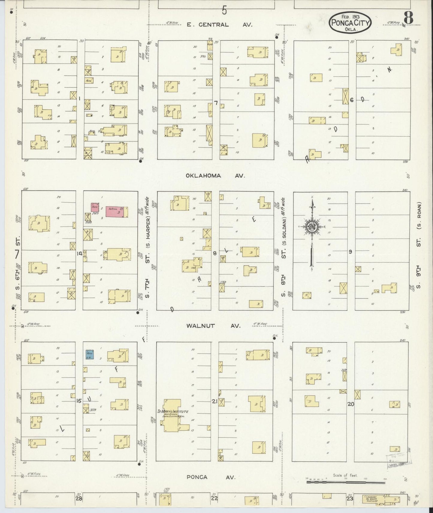 Sanborn Fire Insurance Map from Ponca City, Kay County, Oklahoma (1913), Sheet #0008 - Historic Sanborn Fire Insurance Map Print, vintage old map wall art, antique decor, genealogy gift, Oklahoma Oklahoma map
