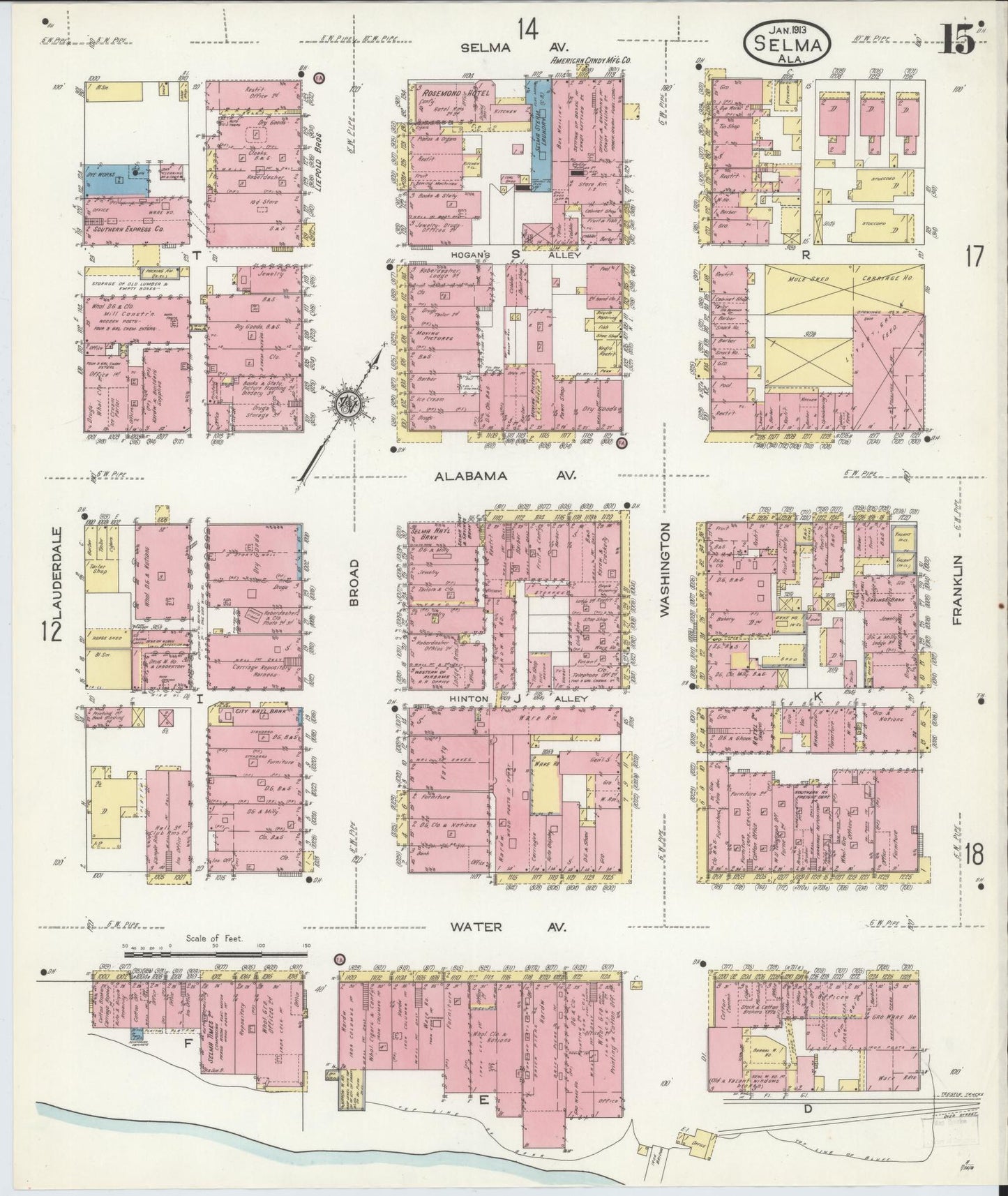 Sanborn Fire Insurance Map from Selma, Dallas County, Alabama (1913), Sheet #0015 - Historic Sanborn Fire Insurance Map Print, vintage old map wall art, antique decor, genealogy gift, Alabama Alabama map