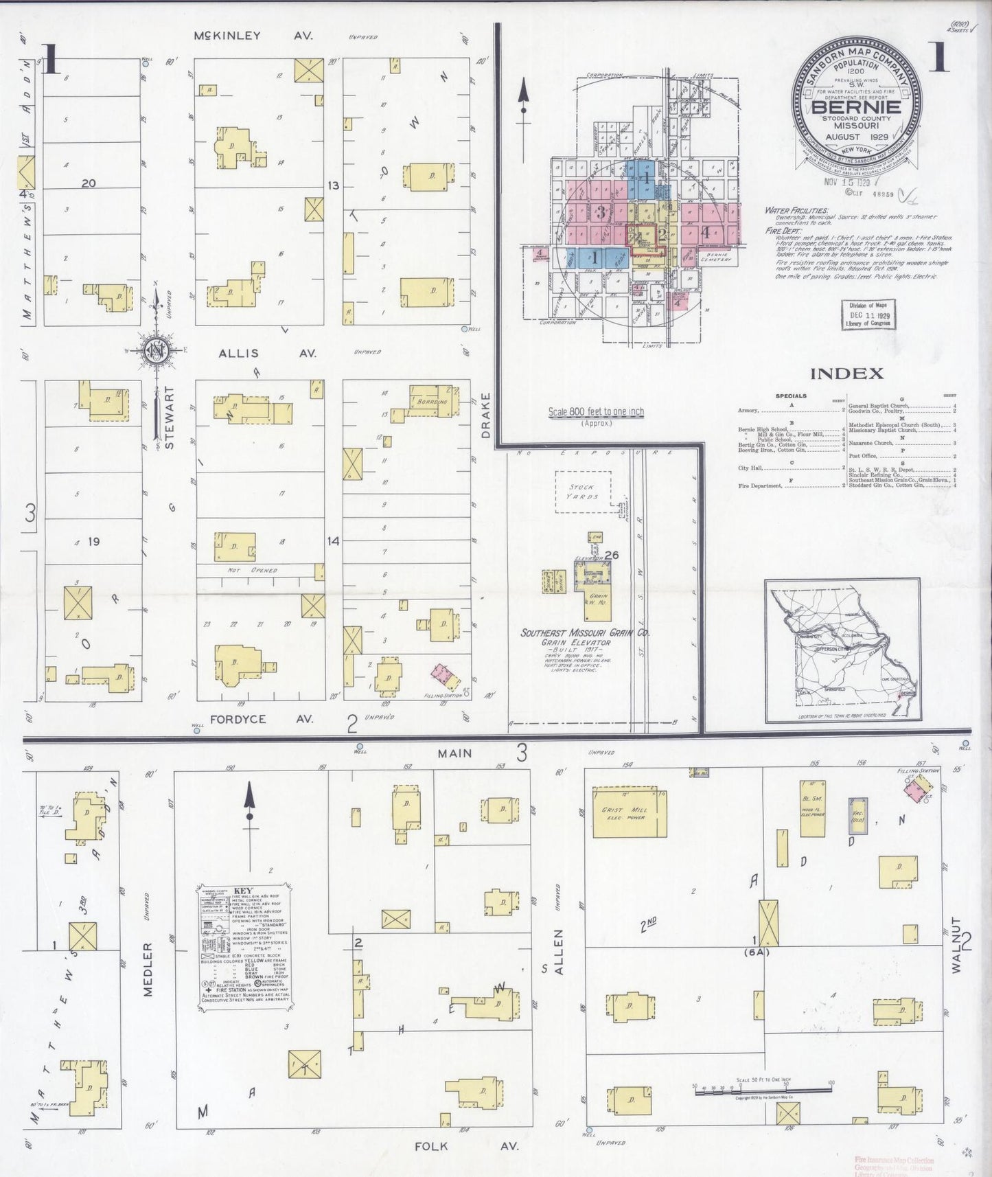 Sanborn Fire Insurance Map from Bernie, Stoddard County, Missouri (1929), Sheet #0001 - Historic Sanborn Fire Insurance Map Print, vintage old map wall art, antique decor, genealogy gift, Missouri Missouri map