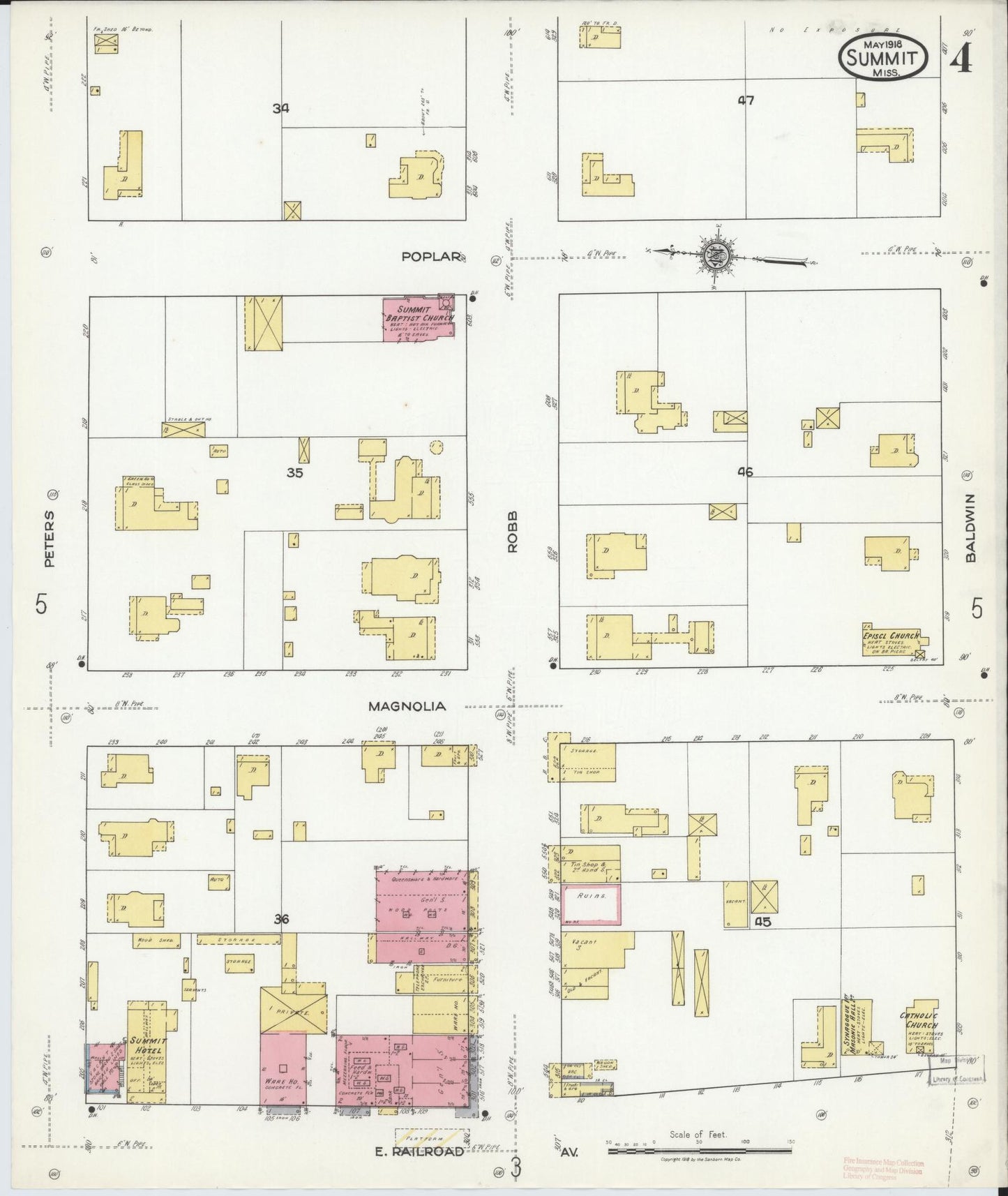 Sanborn Fire Insurance Map from Summit, Pike County, Mississippi (1918), Sheet #0004 - Historic Sanborn Fire Insurance Map Print, vintage old map wall art, antique decor, genealogy gift, Mississippi Mississippi map
