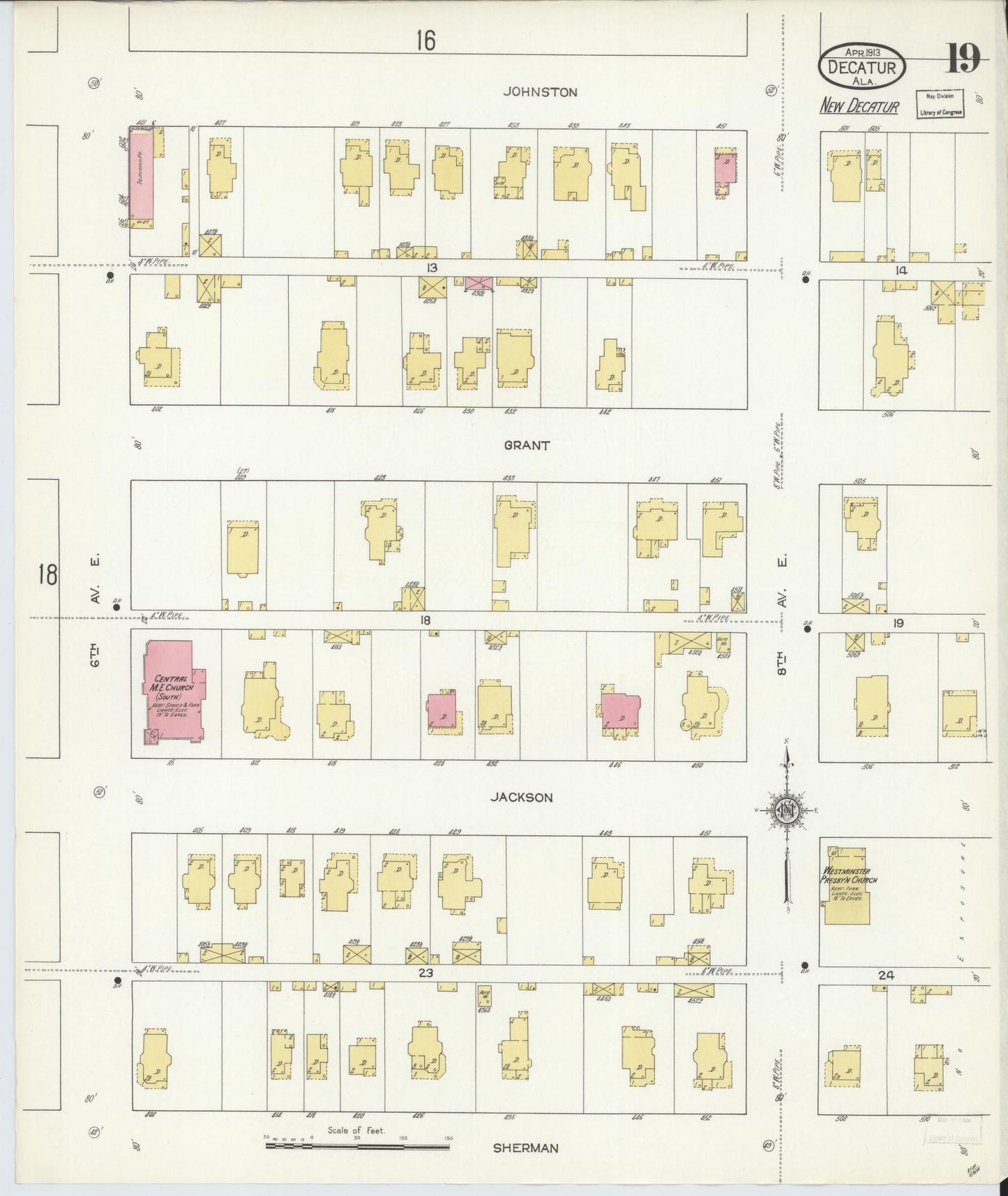 Sanborn Fire Insurance Map from Decatur, Morgan County, Alabama (1913), Sheet #0019 - Historic Sanborn Fire Insurance Map Print, vintage old map wall art, antique decor, genealogy gift, Alabama Alabama map