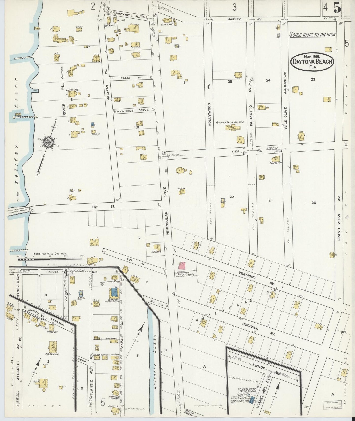 Sanborn Fire Insurance Map from Daytona Beach, Volusia County, Florida (1916), Sheet #0005 - Historic Sanborn Fire Insurance Map Print, vintage old map wall art, antique decor, genealogy gift, Florida Florida map