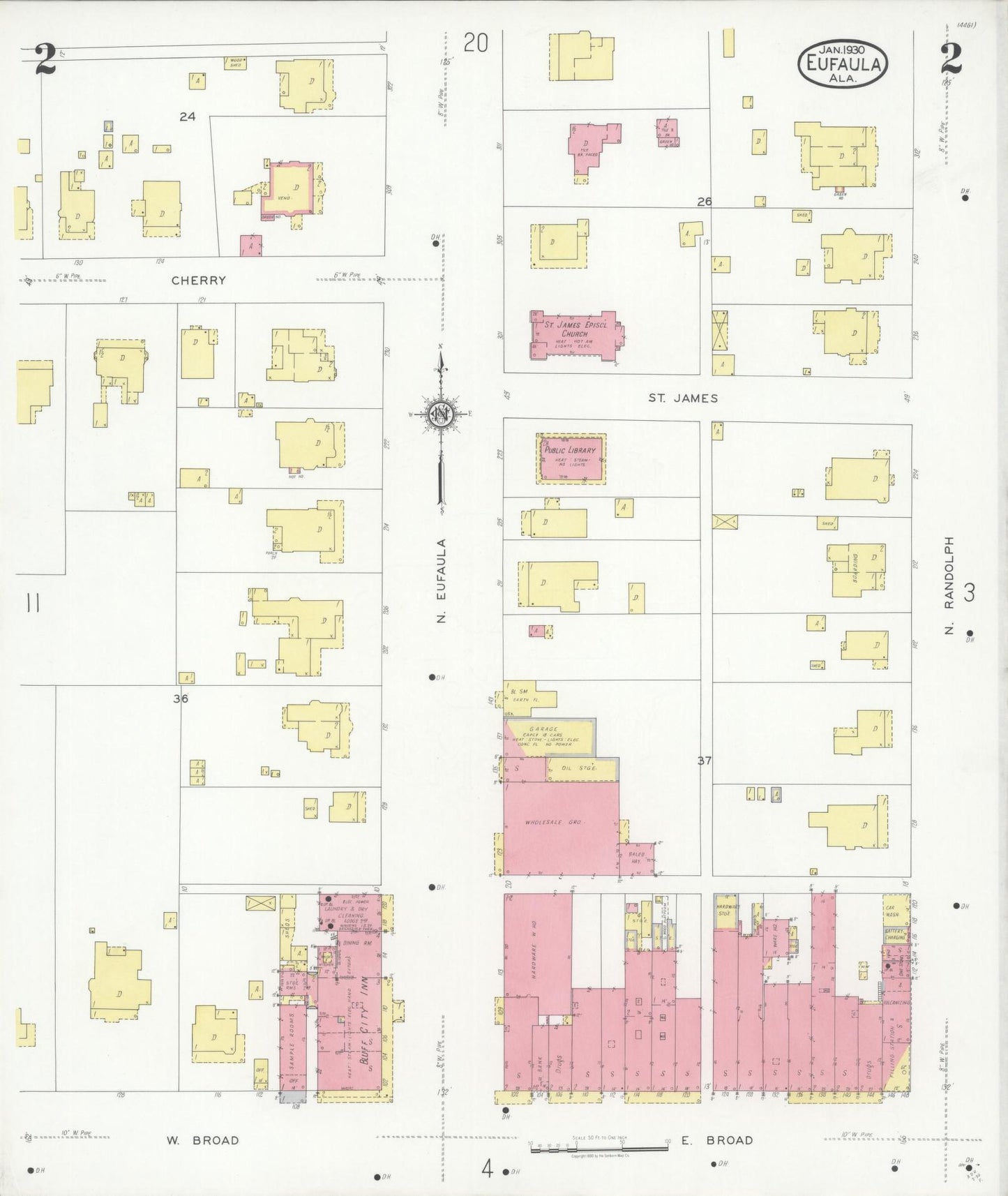 Sanborn Fire Insurance Map from Eufaula, Barbour County, Alabama (1930), Sheet #0002 - Historic Sanborn Fire Insurance Map Print, vintage old map wall art, antique decor, genealogy gift, Alabama Alabama map