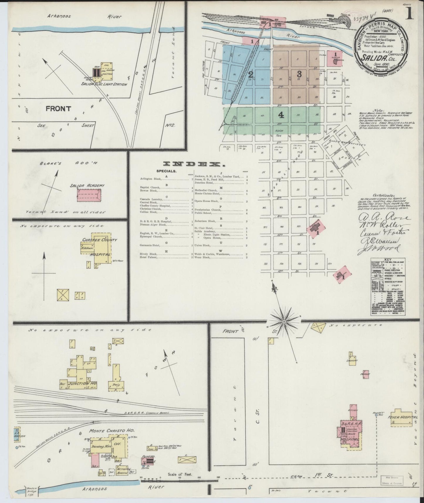Sanborn Fire Insurance Map from Salida, Chaffee County, Colorado (1890), Sheet #0001 - Historic Sanborn Fire Insurance Map Print, vintage old map wall art, antique decor, genealogy gift, Colorado Colorado map