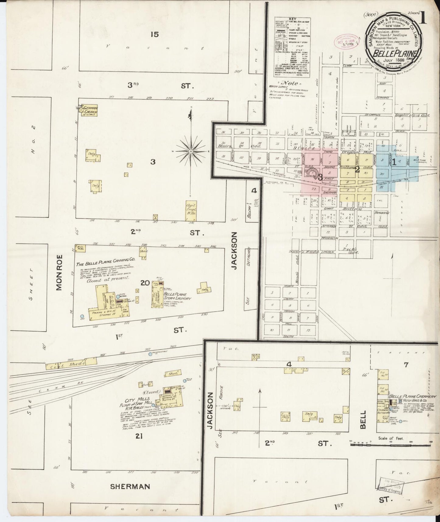 Sanborn Fire Insurance Map from Belle Plaine, Benton County, Iowa (1888), Sheet #0001 - Historic Sanborn Fire Insurance Map Print, vintage old map wall art