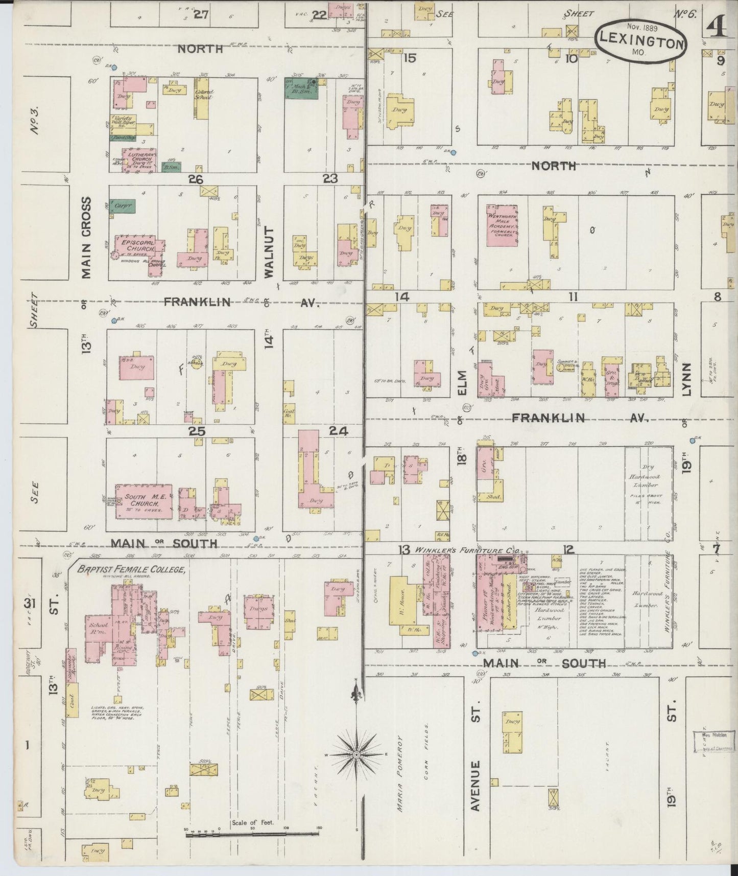 Sanborn Fire Insurance Map from Lexington, Lafayette County, Missouri (1889), Sheet #0004 - Historic Sanborn Fire Insurance Map Print, vintage old map wall art, antique decor, genealogy gift, Missouri Missouri map