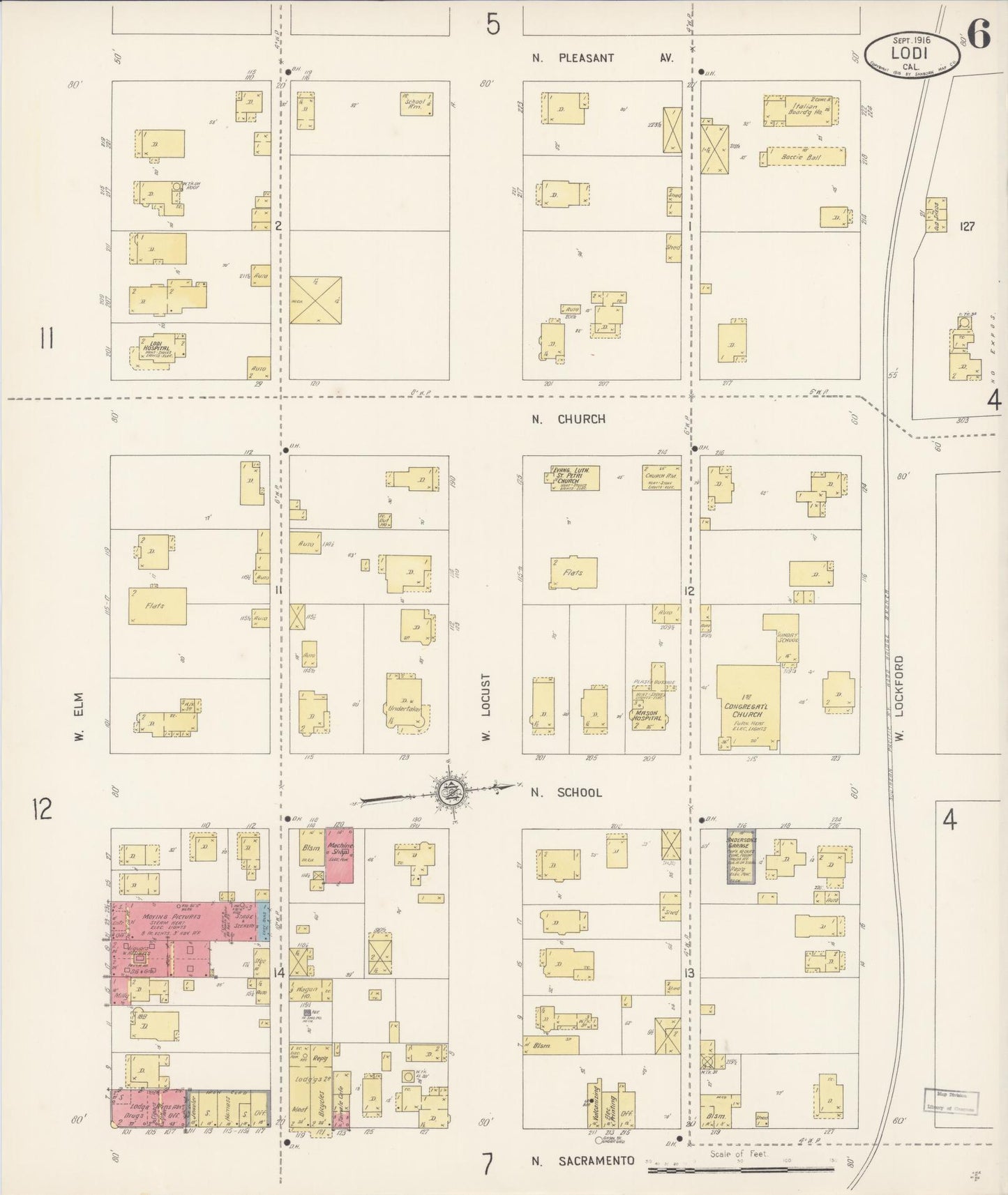 Sanborn Fire Insurance Map from Lodi, San Joaquin County, California (1916), Sheet #0006 - Historic Sanborn Fire Insurance Map Print, vintage old map wall art, antique decor, genealogy gift, California California map