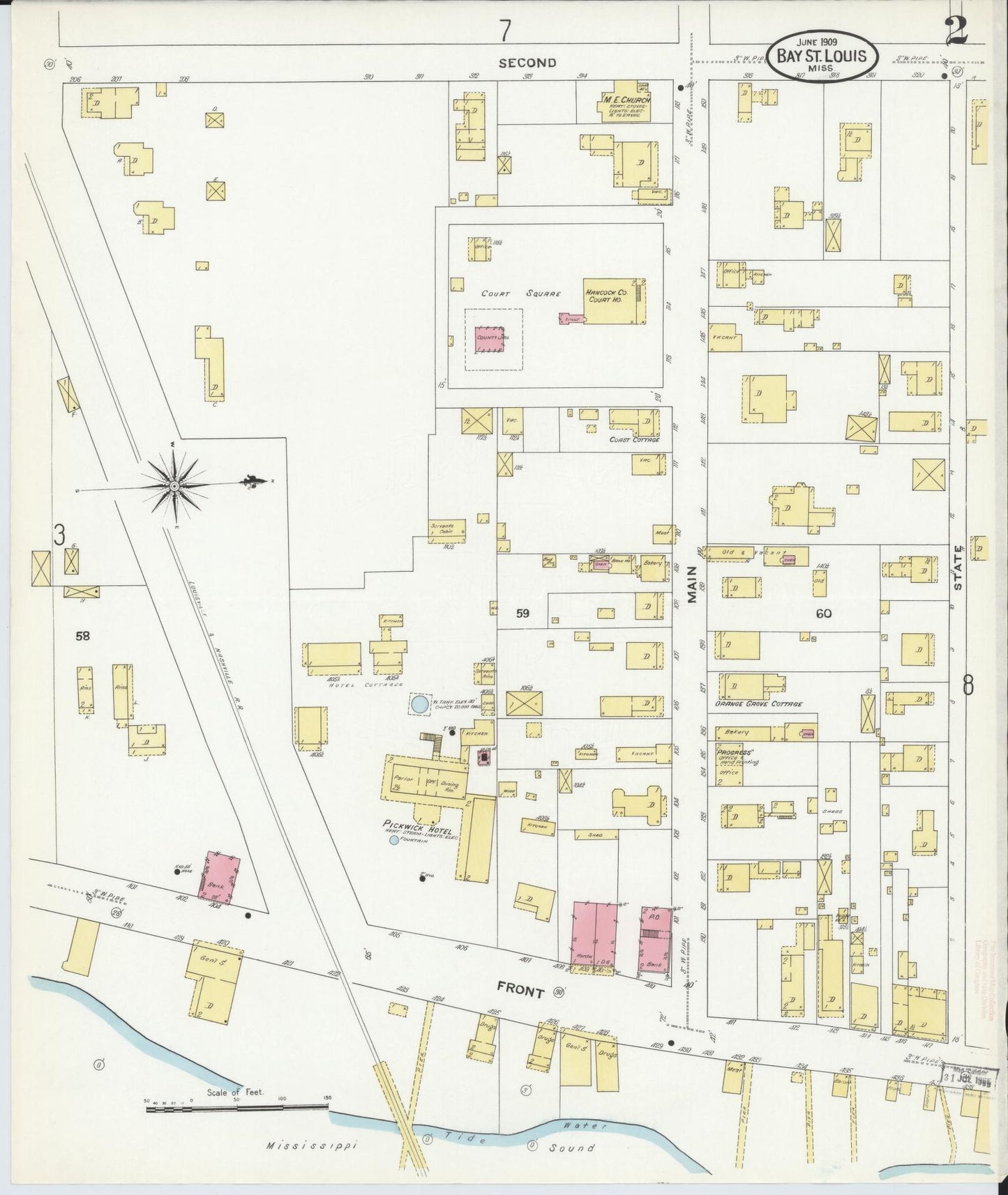 Sanborn Fire Insurance Map from Bay Saint Louis, Hancock County, Mississippi (1909), Sheet #0002 - Historic Sanborn Fire Insurance Map Print, vintage old map wall art, antique decor, genealogy gift, Mississippi Mississippi map
