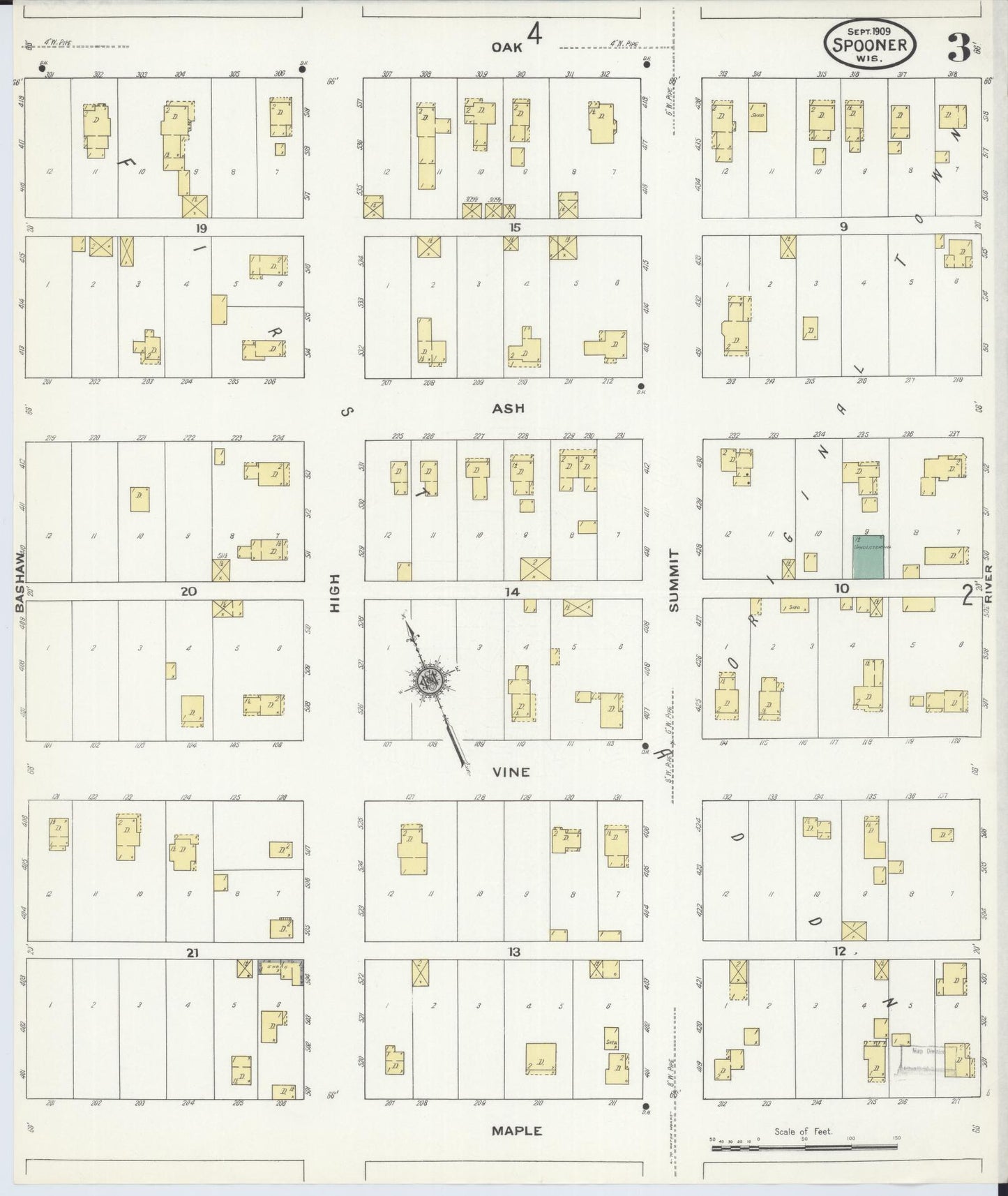 Sanborn Fire Insurance Map from Spooner, Washburn County, Wisconsin (1909), Sheet #0003 - Historic Sanborn Fire Insurance Map Print, vintage old map wall art, antique decor, genealogy gift, Wisconsin Wisconsin map