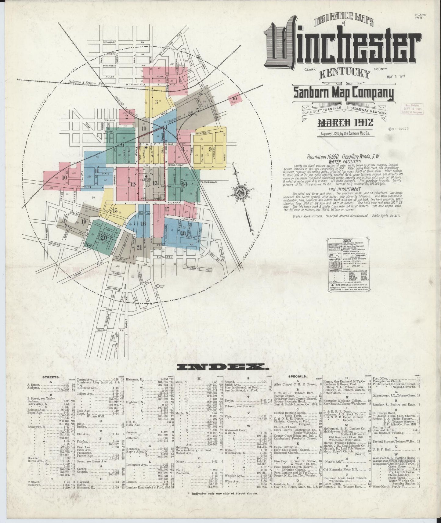 Sanborn Fire Insurance Map from Winchester, Clark County, Kentucky (1912), Sheet #0001 - Historic Sanborn Fire Insurance Map Print, vintage old map wall art, antique decor, genealogy gift, Kentucky Kentucky map