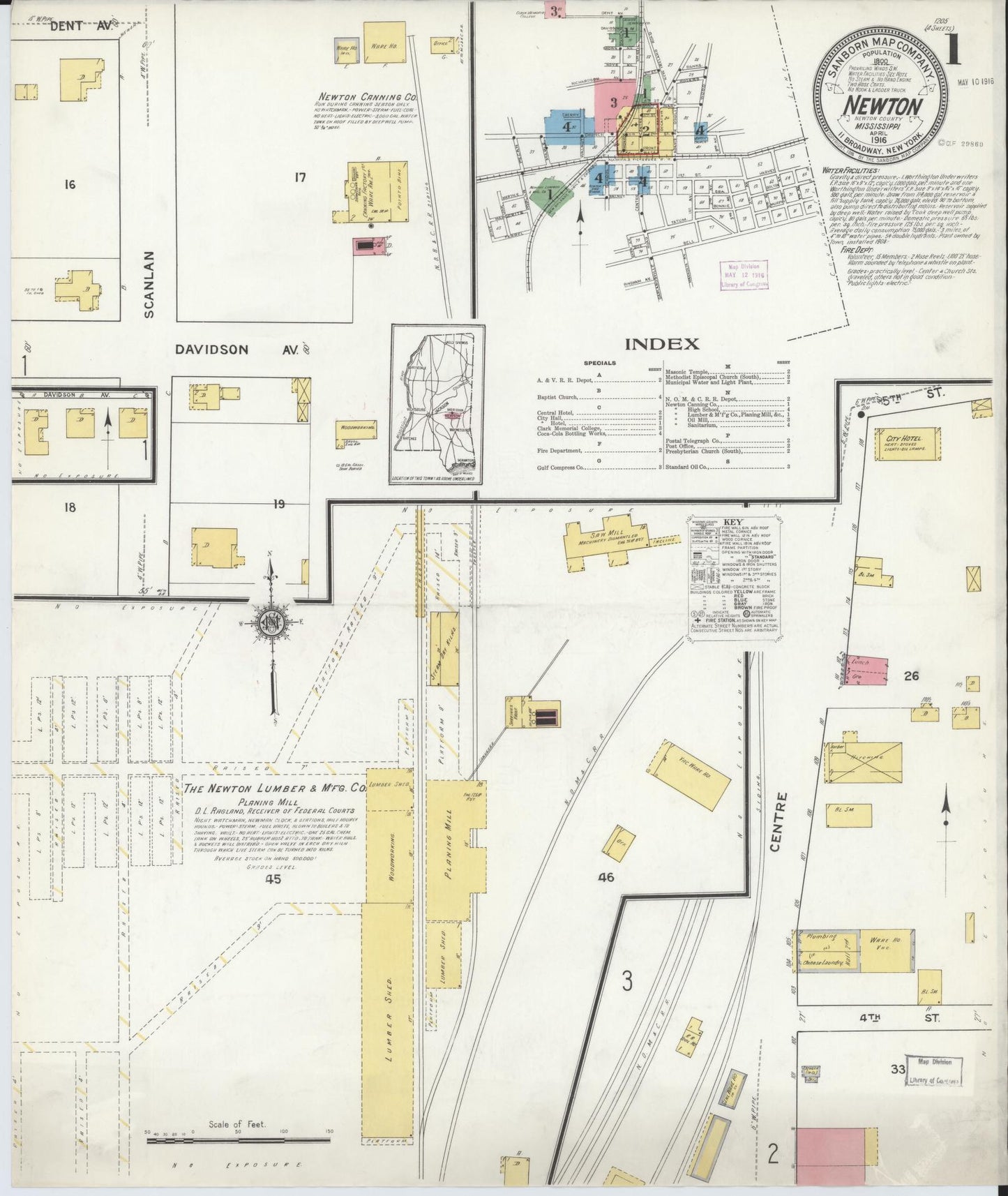 Sanborn Fire Insurance Map from Newton, Newton County, Mississippi (1916), Sheet #0001 - Historic Sanborn Fire Insurance Map Print, vintage old map wall art, antique decor, genealogy gift, Mississippi Mississippi map