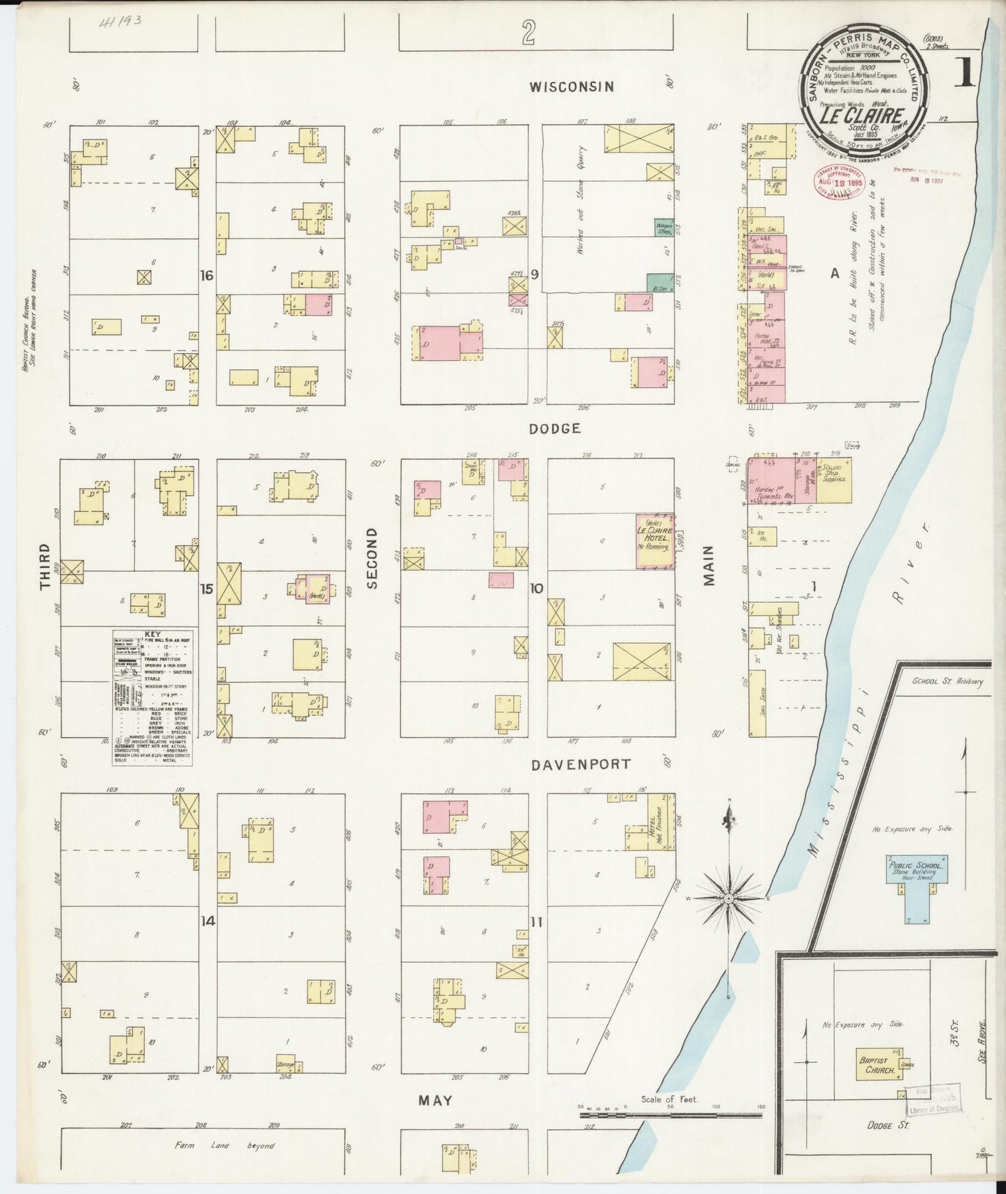 Sanborn Fire Insurance Map from Le Claire, Scott County, Iowa (1895), Sheet #0001 - Historic Sanborn Fire Insurance Map Print, vintage old map wall art