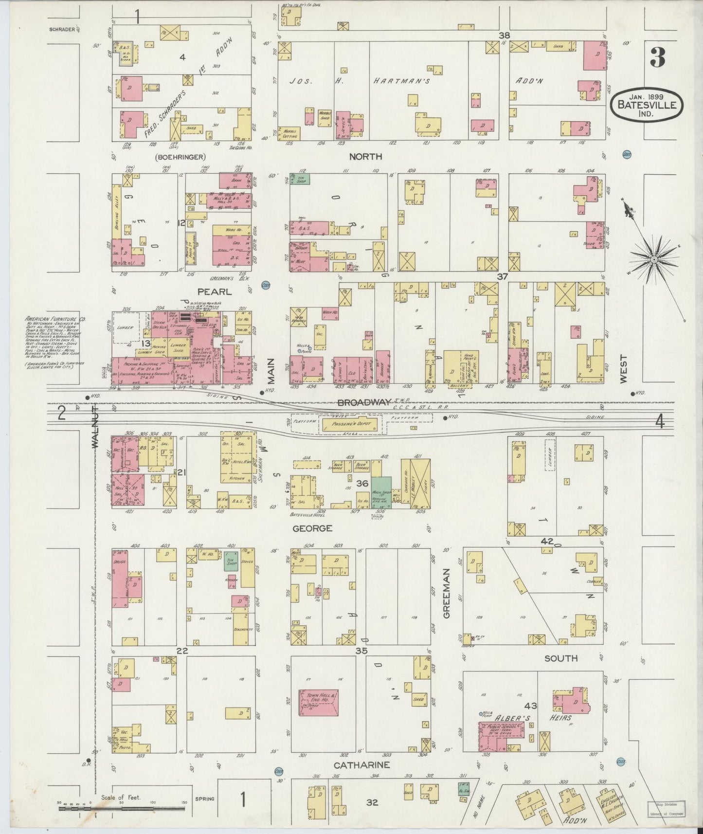 Sanborn Fire Insurance Map from Batesville, Ripley County, Indiana (1899), Sheet #0003 - Historic Sanborn Fire Insurance Map Print, vintage old map wall art, antique decor, genealogy gift, Indiana Indiana map