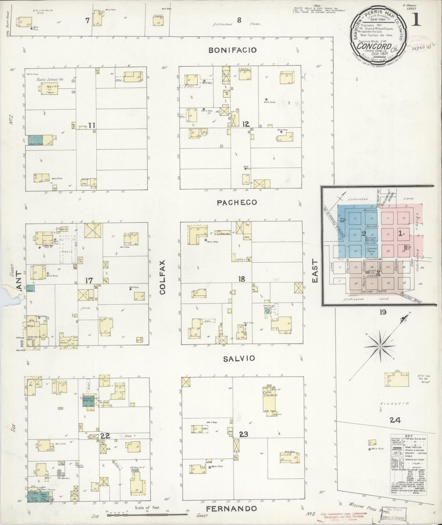 Sanborn Fire Insurance Map from Concord, Contra Costa County, California (1891), Sheet #0001 - Historic Sanborn Fire Insurance Map Print, vintage old map wall art, antique decor, genealogy gift, California California map